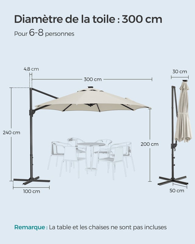 Parasol de Jardin 300 cm, 28 LED Solaires, UPF 50+, Pivotant à 360°, Inclinaison Fluide, Manivelle, avec Base en Croix, Blabc Crème - 5