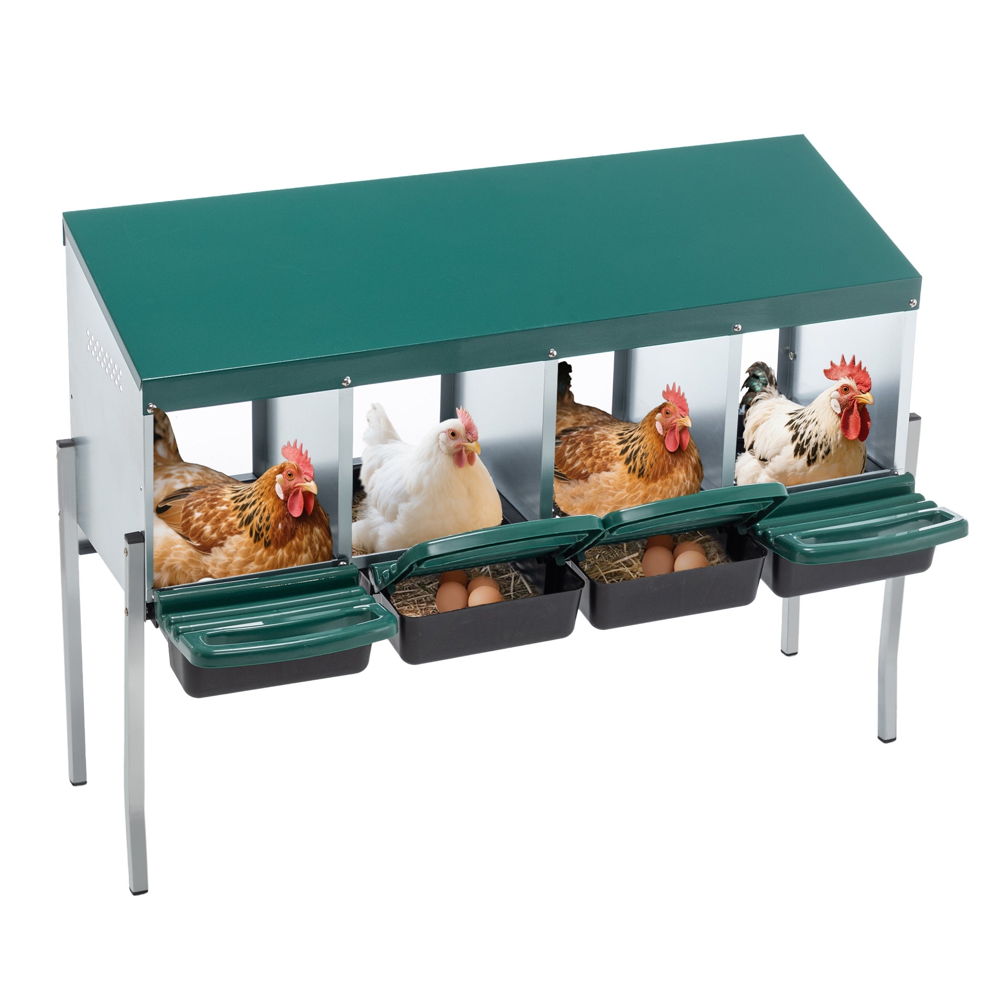 Ninho para galinhas com 4 compartimentos, pernas e cobertura de proteção para exterior em capoeiras e pátios, cor: verde - 2
