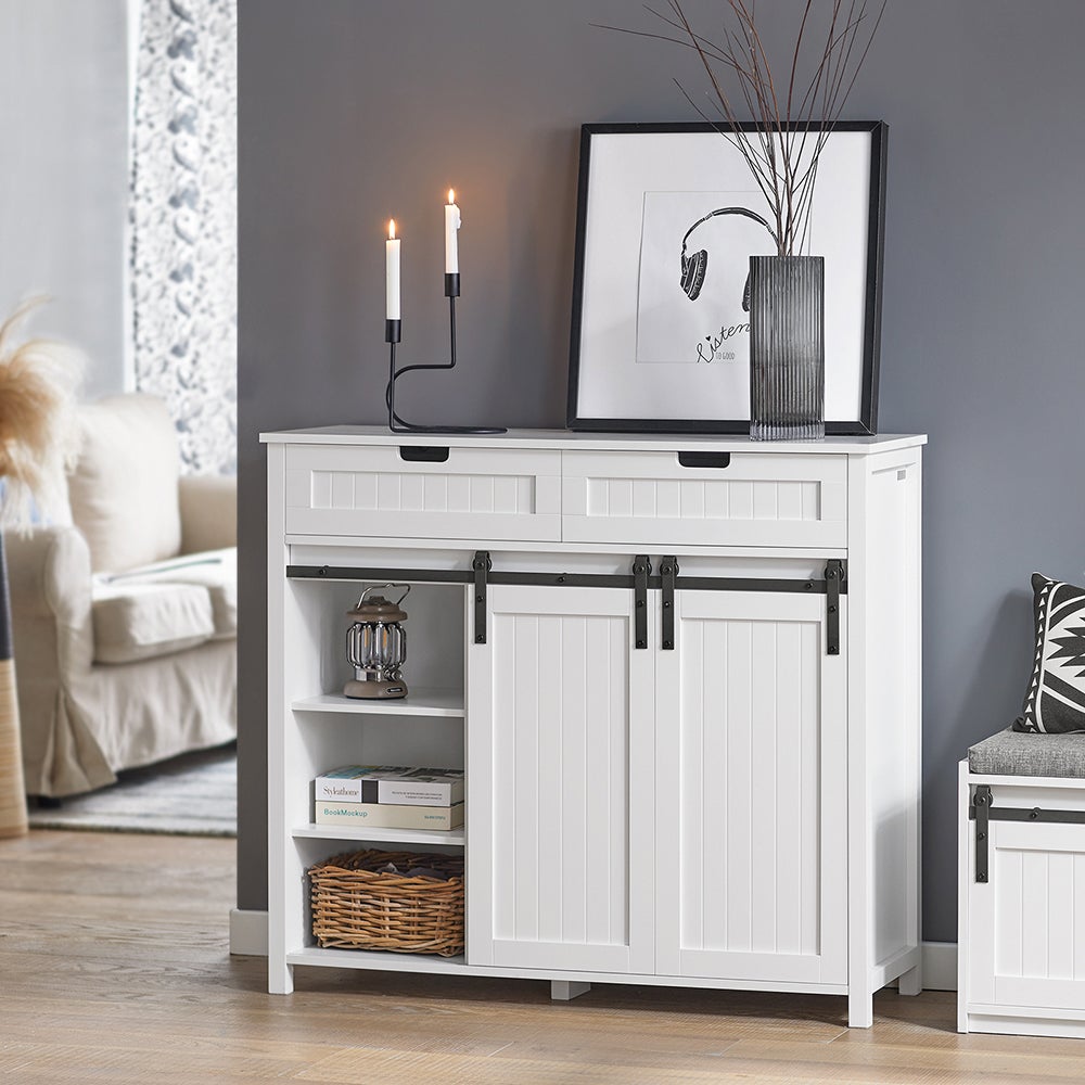 SoBuy FSB74-W Armoire de Rangement avec 2 Portes de Grange Coulissantes 2 Tiroirs 104x35x93cm Blanc - 2