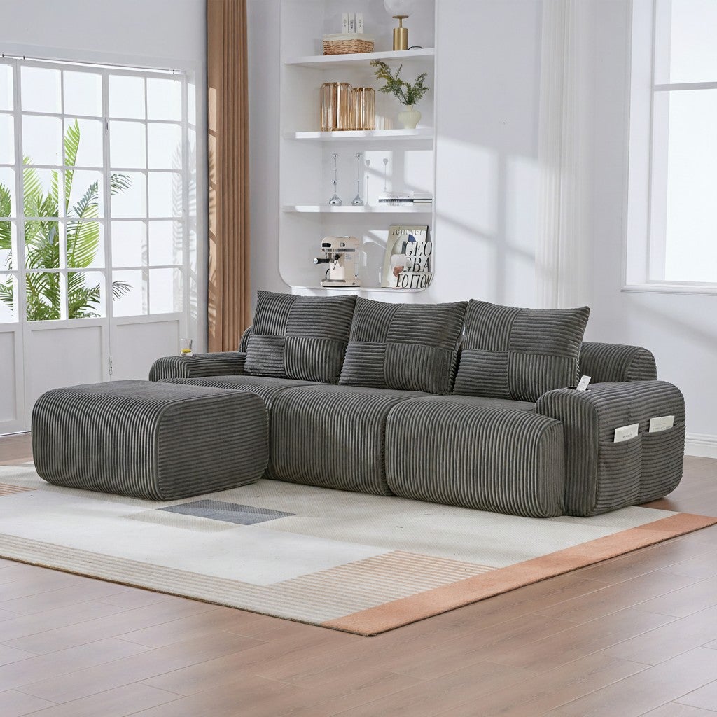 Canapé Modulable 3 Places en Velours Côtelé avec Porte-Gobelets et Rangement - Sofa Design Gris Foncé - 2