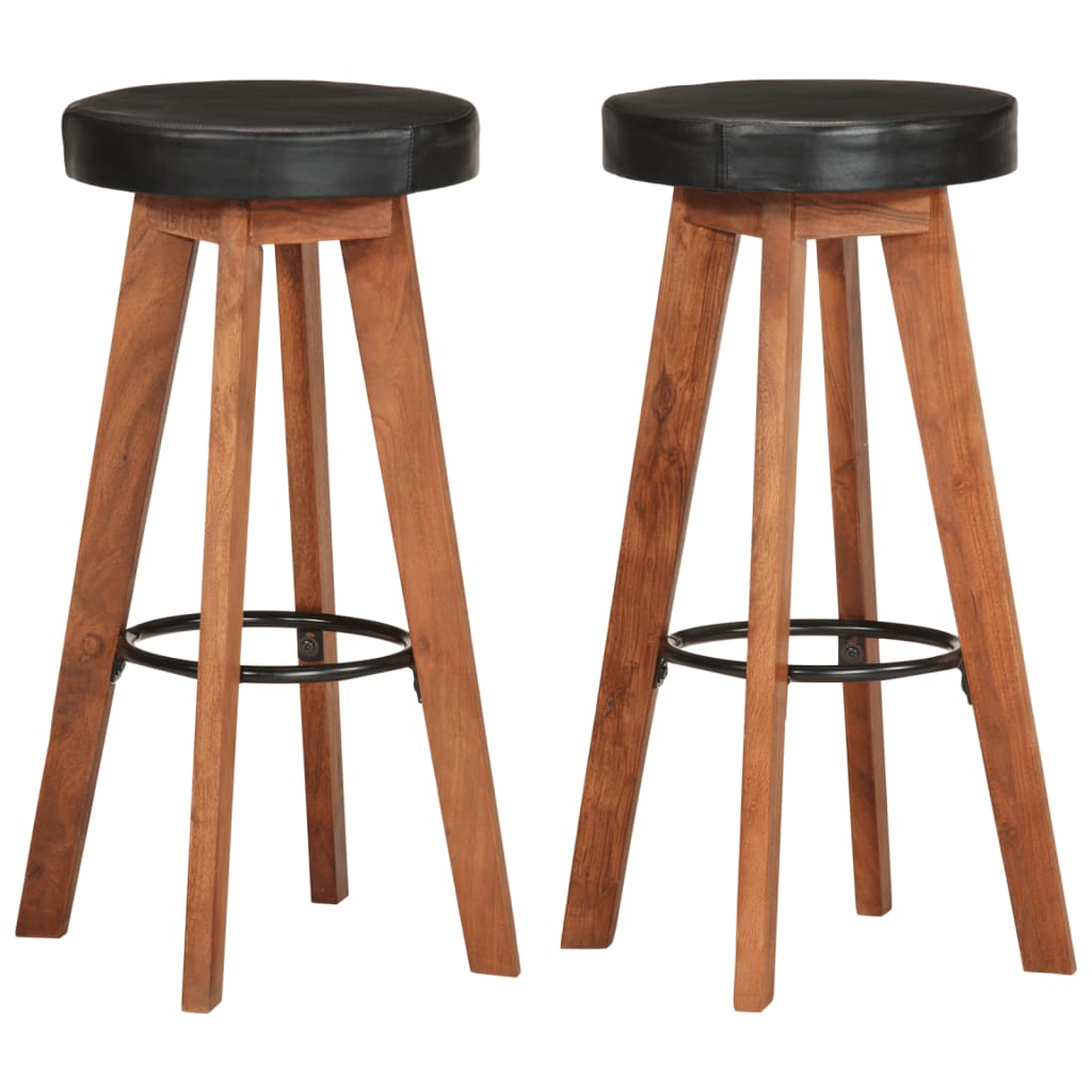 Taburetes de bar de 2 piezas, de cuero auténtico y madera maciza de acacia.