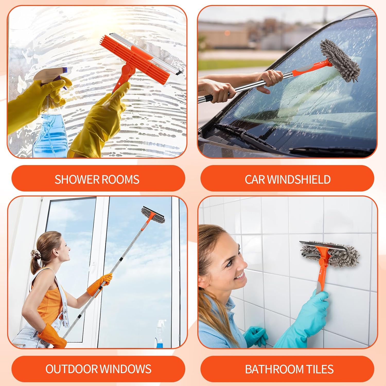 Kit de nettoyage de vitres professionnel 2 en 1 avec raclette à vitres télescopique 240 cm, tête flexible, pour vitres hautes intérieures, gris - 4