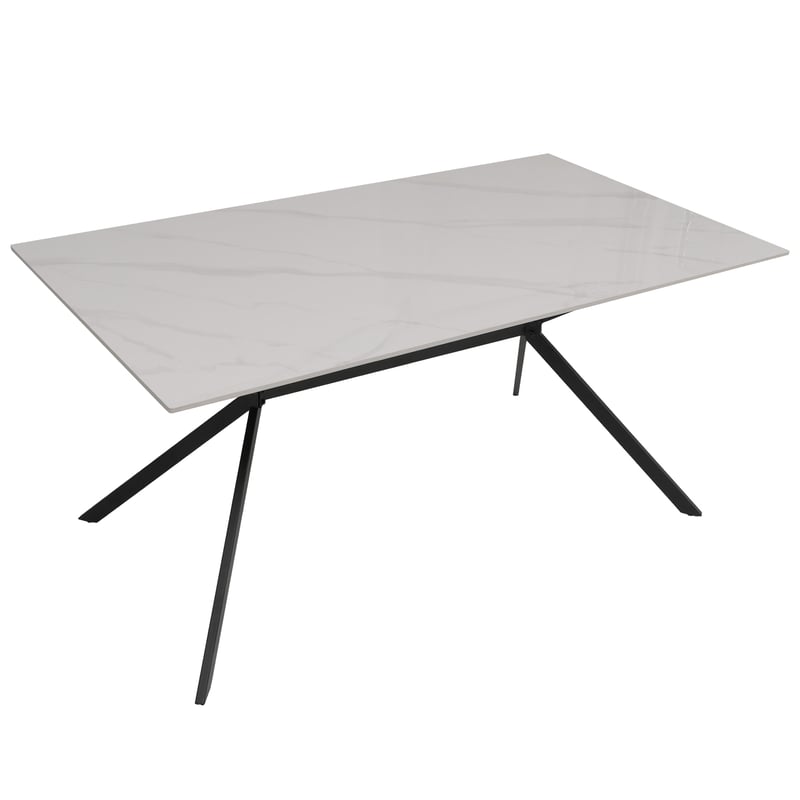 Stół do jadalni HWC-O58, stół do jadalni z kamienia spiekanego i metalu, wygląd marmuru 160 cm ~ biały