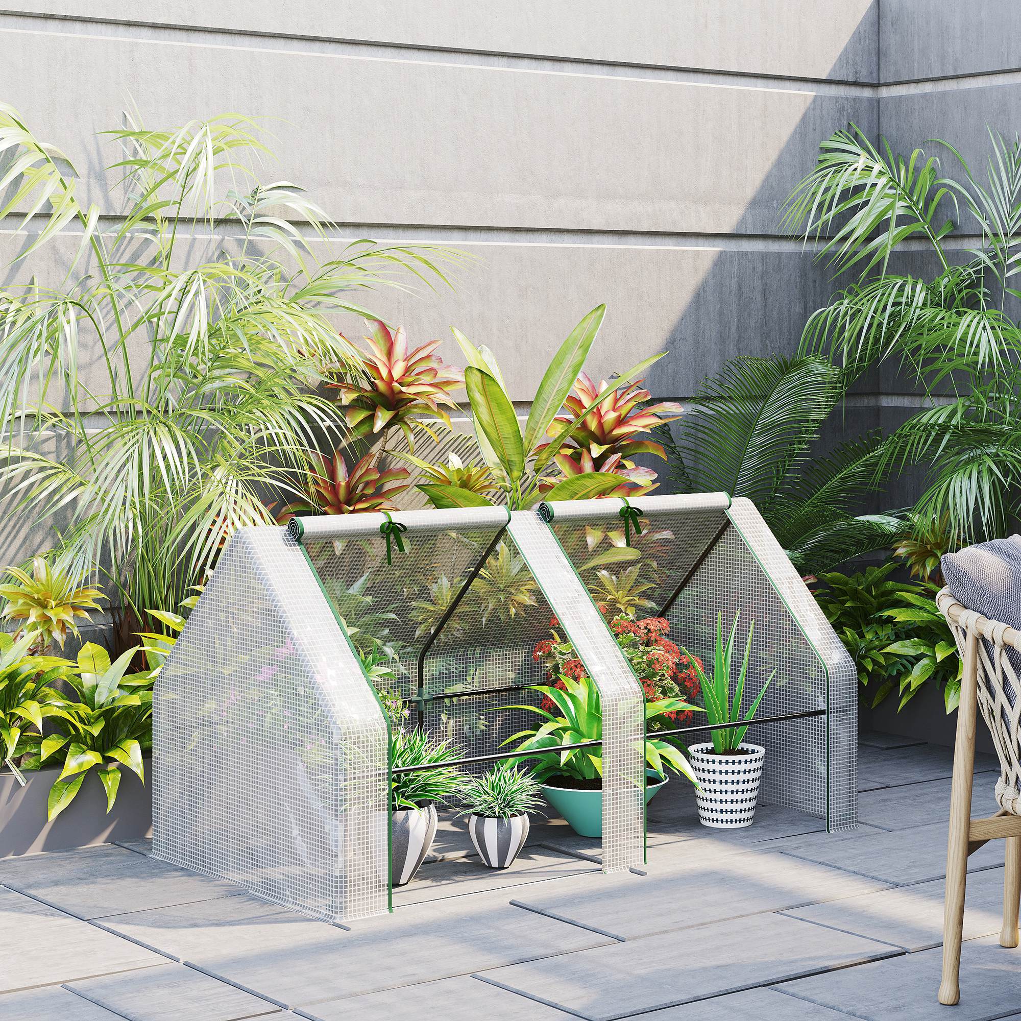 Mini Serre de Jardin mini serre tunnel 180L x 90l x 90H cm toit pointu Acier PE Haute densité 140 g/m² Anti-UV 2 fenêtres avec Zip enroulables Blanc - 3
