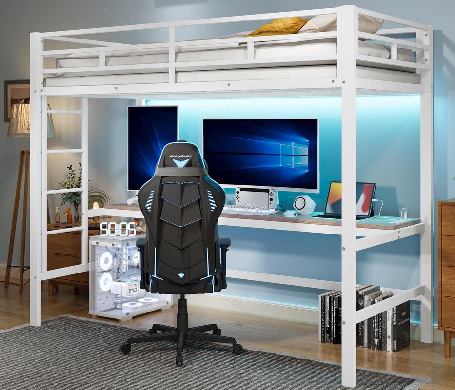 Cama alta 90x200 cm - com barreiras - com escada - mesa com USB e tomadas - faixa de luz com fio - metal - branco
