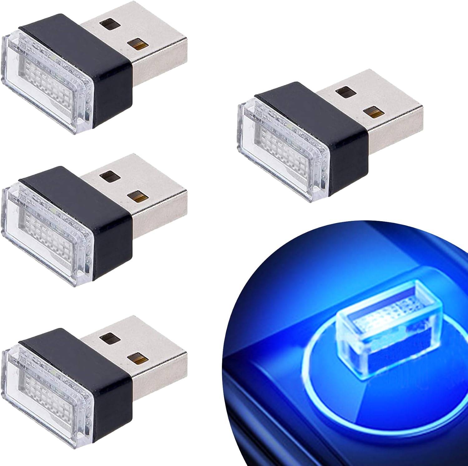 Zestaw 4 niebieskich lampek oświetlenia wnętrza samochodu USB, uniwersalne mini diody LED USB do dekoracji i oświetlenia pojazdu.