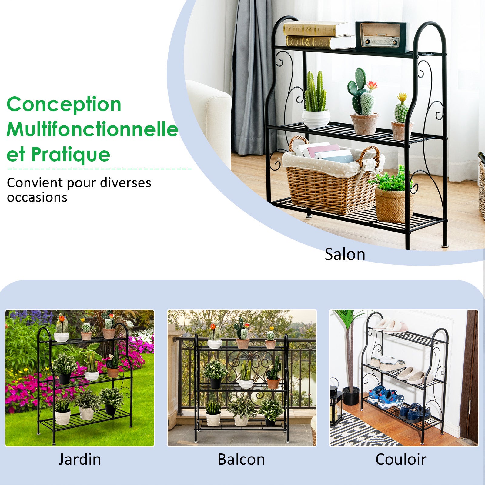 Support de Plantes à 3 Niveaux en Métal, Étagère de Rangement Multifonctionnelle avec Motif Élégant, Support pour Pots de Fleurs, 72 x 25 x 85 cm - 7