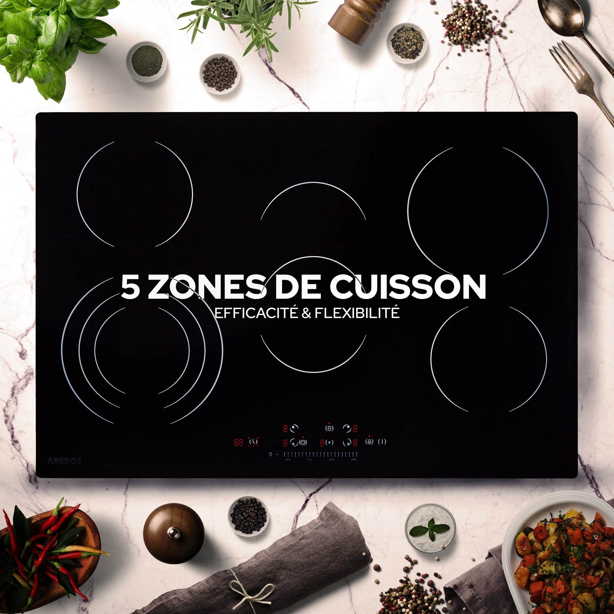 AREBOS Table de cuisson vitrocéramique encastrable 5 zones – 8700W avec minuterie & sécurité enfants - 4