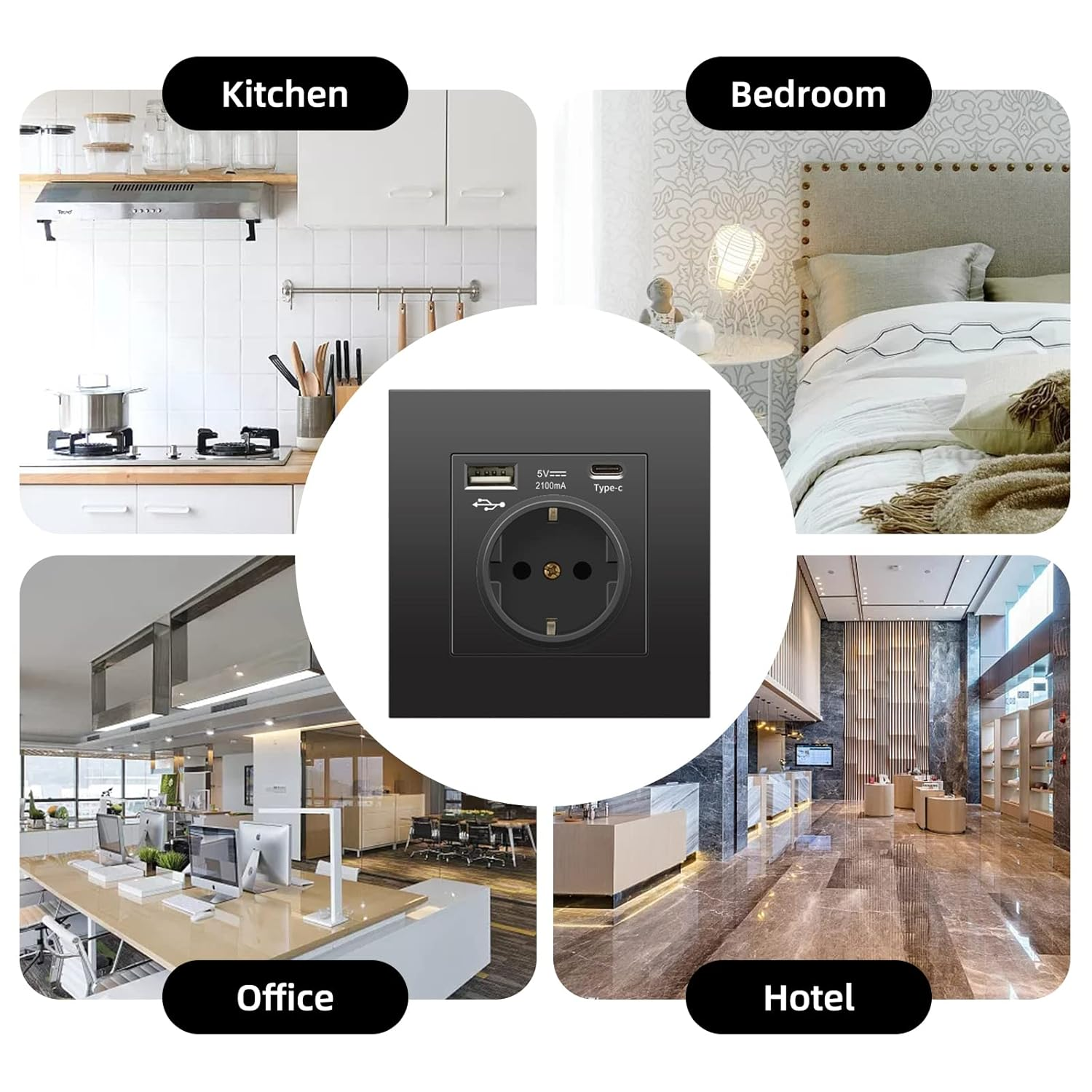 Prise murale avec USB et Type-C, 5 V - 2,1 A, prise USB intégrée standard UE, multiprise française avec boîtier de montage, 110-250 V (noir) - 9