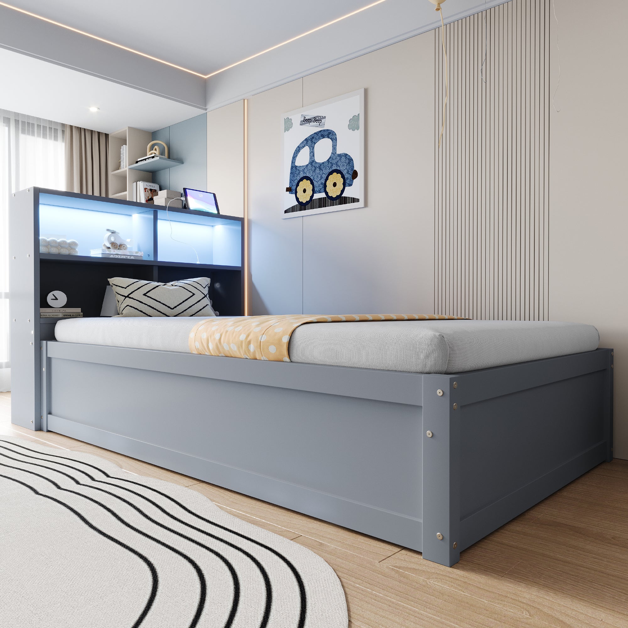 Łóżko skrzyniowe 90x200cm - Z gniazdkiem - Ze schowkiem - Z oświetleniem LED - Szare (bez materaca)