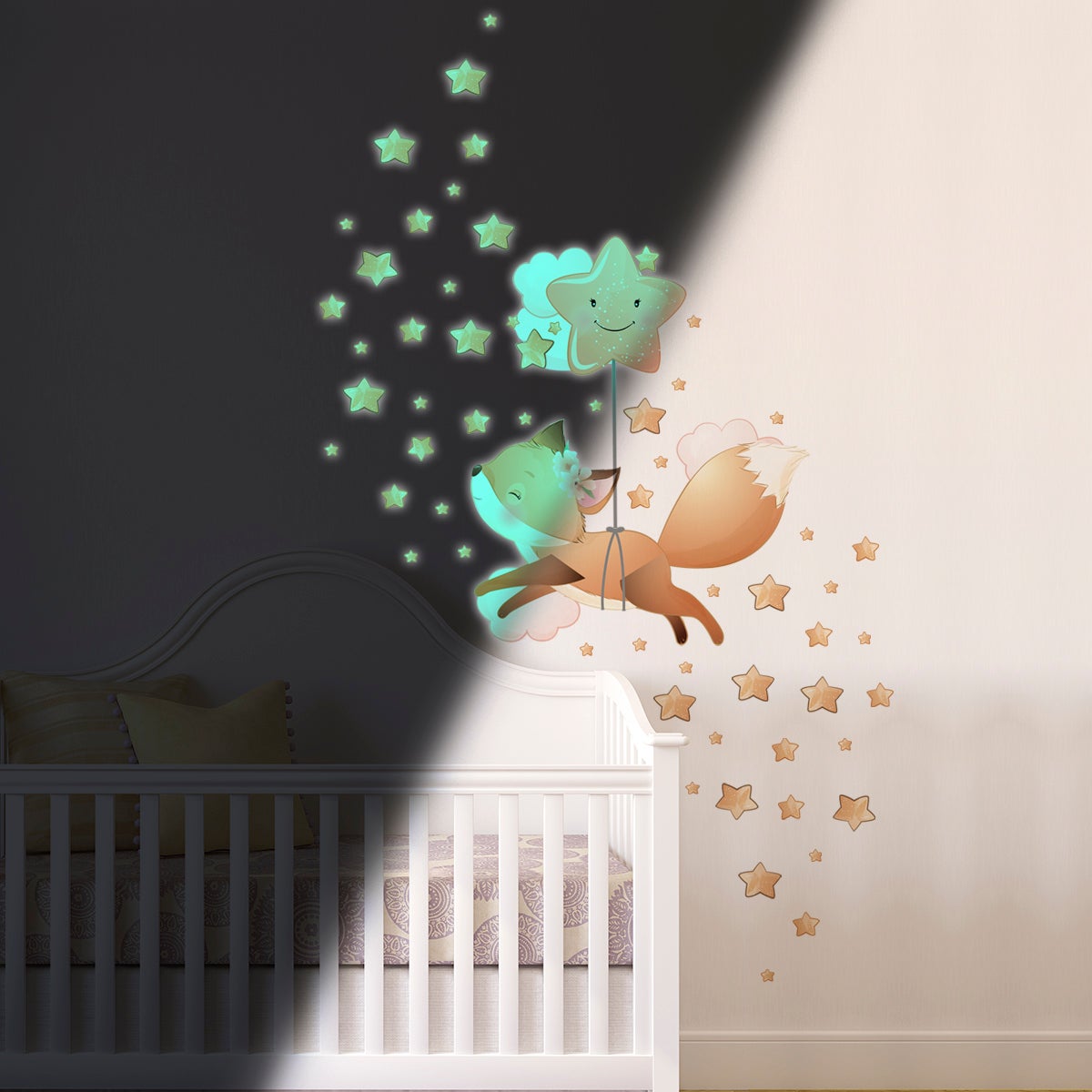 Adesivos fosforescente volpe tra le stelle + 60 stelle - Sticker adesivo - adesivi murali - 110x110cm - 3