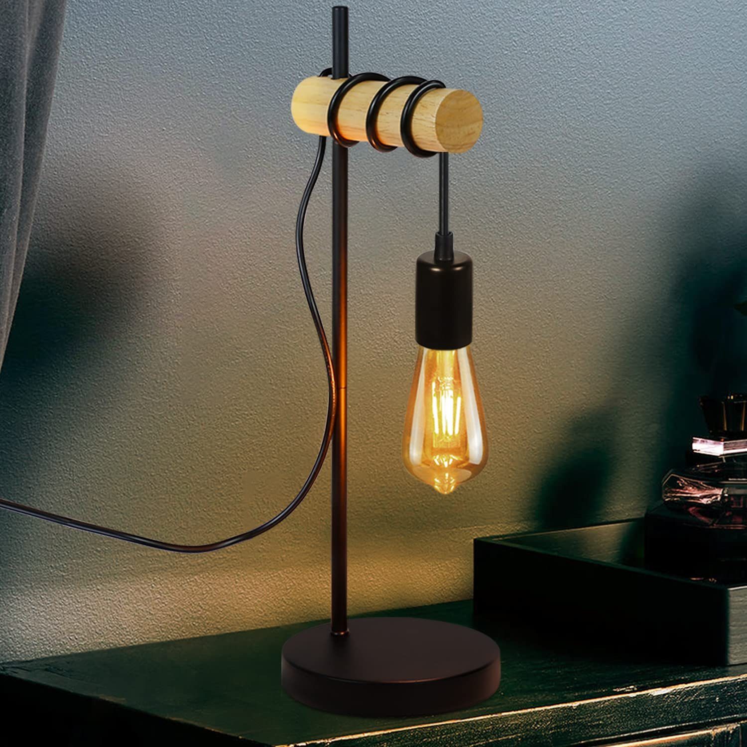 HOFSTEIN Lámpara De Mesa Cardeira De Metal Y Bambú En Color Negro Y Natural, Diseño Retro, Vintage, Bohemio, Altura 32 Cm, Interruptor En El Cable, E27, Efecto Luminoso, Salón, Dormitorio, Pasillo