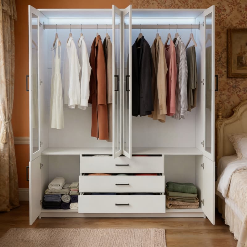 Armoire 160 cm avec 4 Portes Vitrées et 3 Tiroirs, Éclairage LED Intégré, Espace de Rangement Spacieux, Design Moderne Blanc - 4