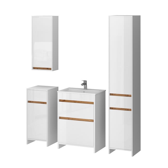 Meubles Salle De Bain Livia 3 Pièces - Blanc Et Chêne - Armoire Sous Lavabo, Miroir, Colonne - MDF 15 Mm, Montage Facile