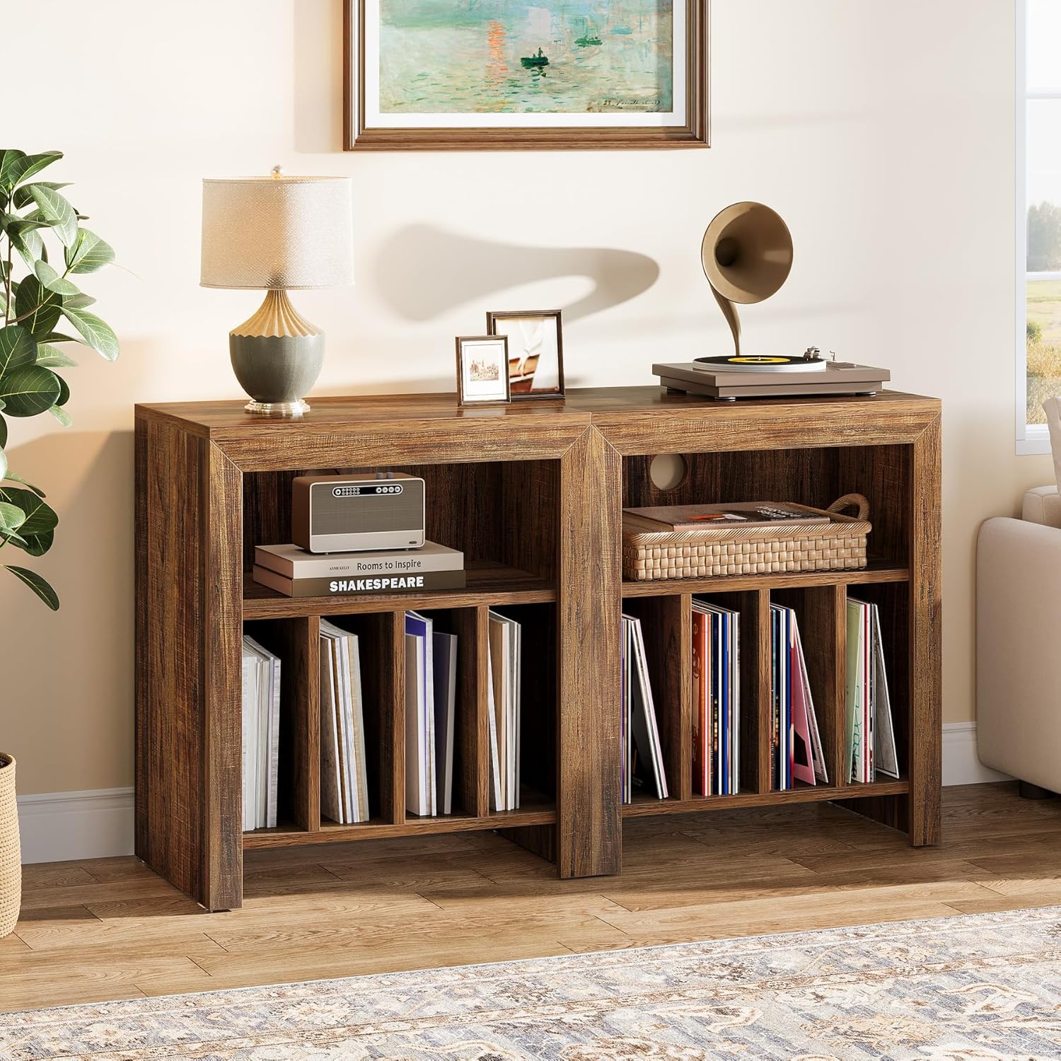 Tribesigns [Zestaw 2 szt.] Stojak na gramofon i miejsce do przechowywania płyt, para drewnianych stolików bocznych do odtwarzaczy winylowych