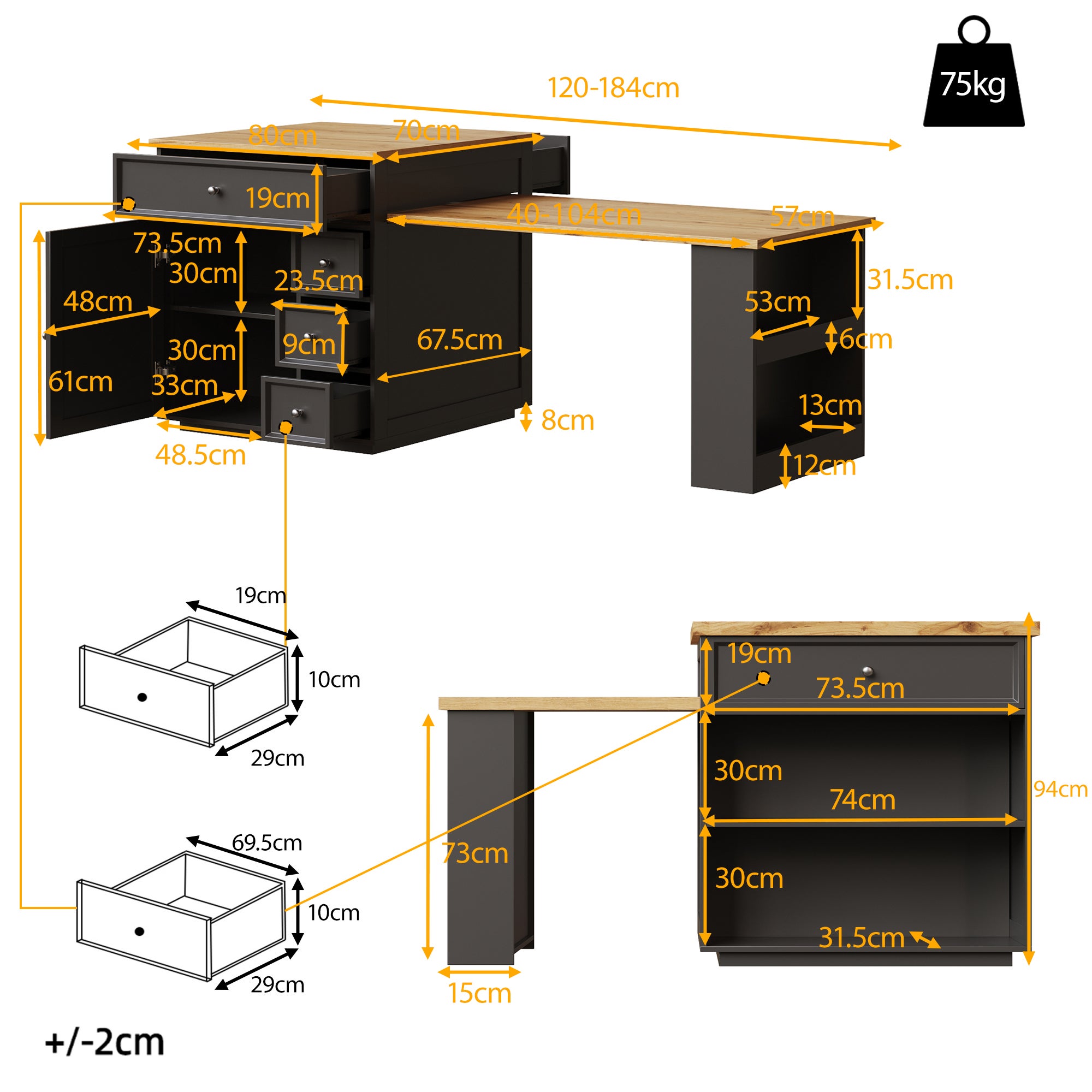 Îlot de cuisine extensible 120–184x70x94 cm avec tiroirs, plateau aspect bois, meuble mobile multifonction, cuisine et bar, noir - 4