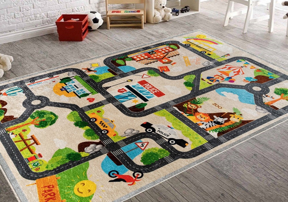 Tapis Enfant Circuit de Voiture - Beige - 80x150cm - 6