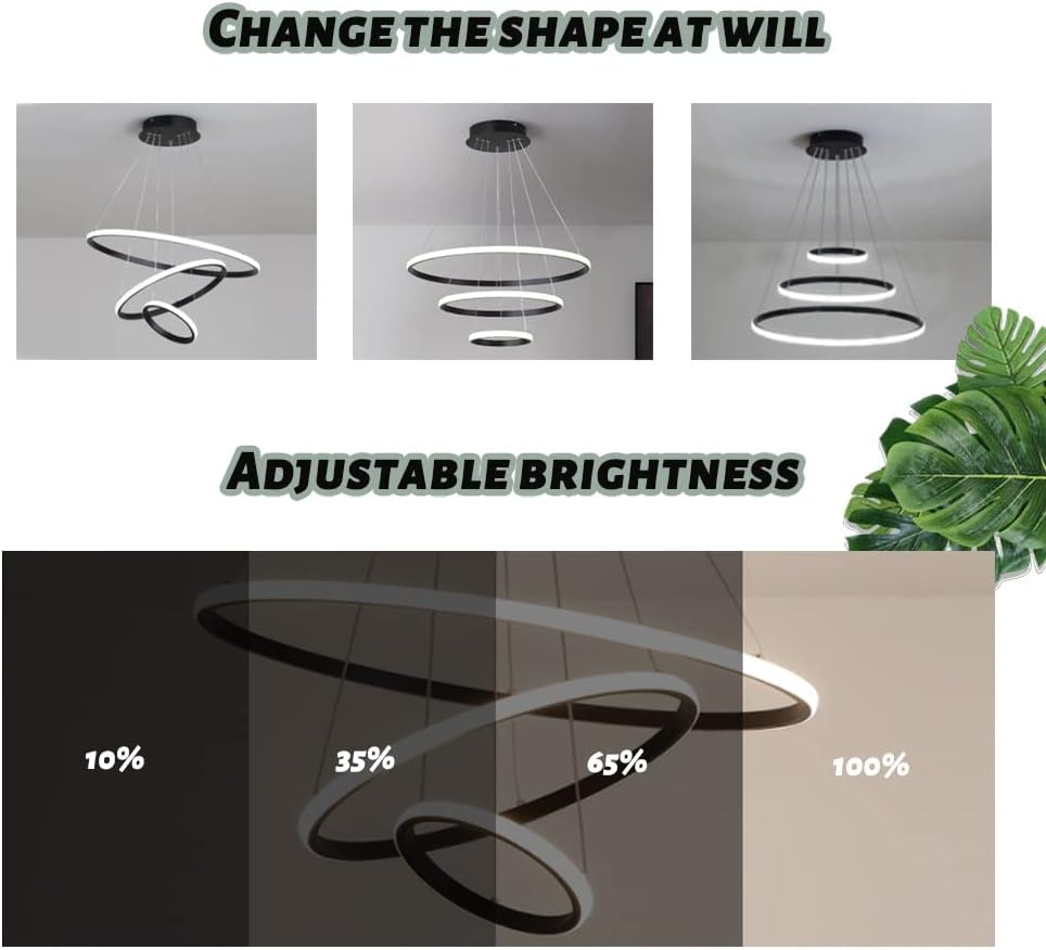 GOECO Lustre Dimmable 40W Moderne Cercle Anneaux Suspension Dimmable 3000K-6000K Pour salon chambre à coucher salle à manger bureau Noir - 4