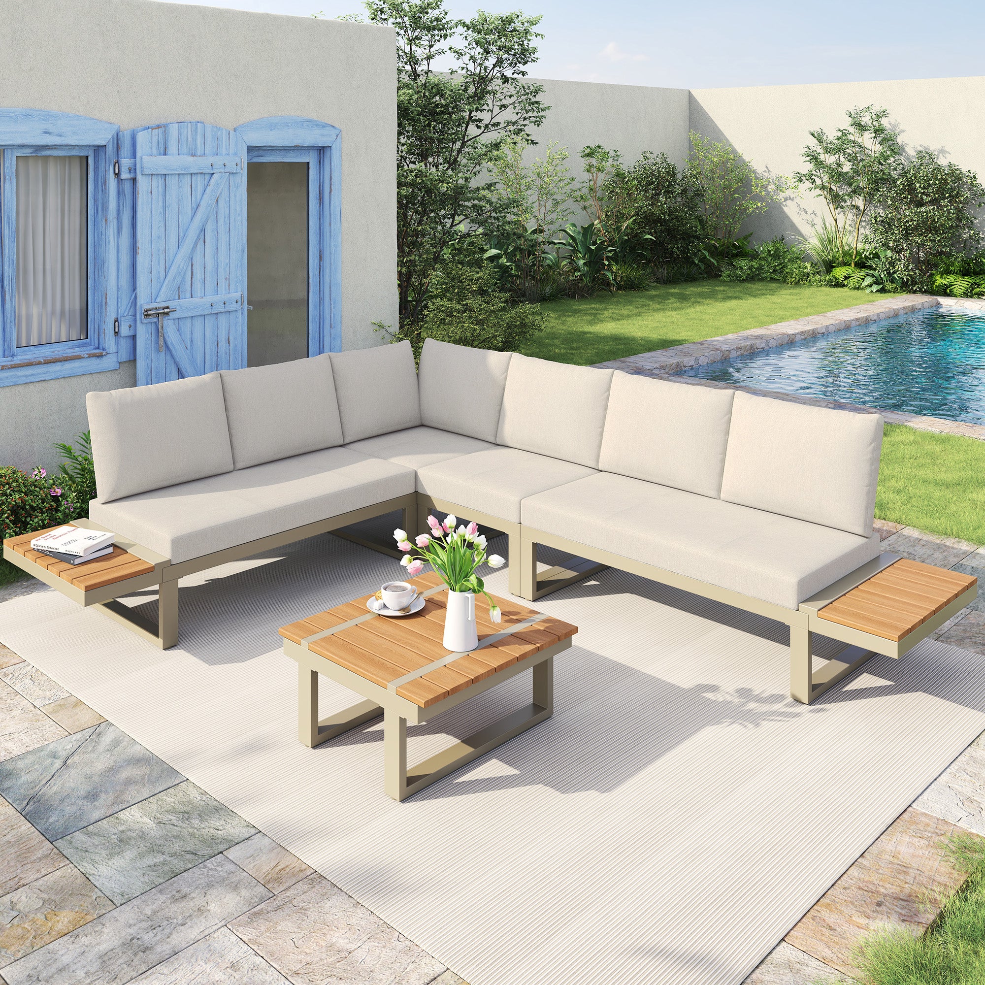Salon de jardin en acier galvanisé 6 places : 2 canapés 3 places avec fonction d'inclinaison + table basse carrée en imitation bois - Beige - 4