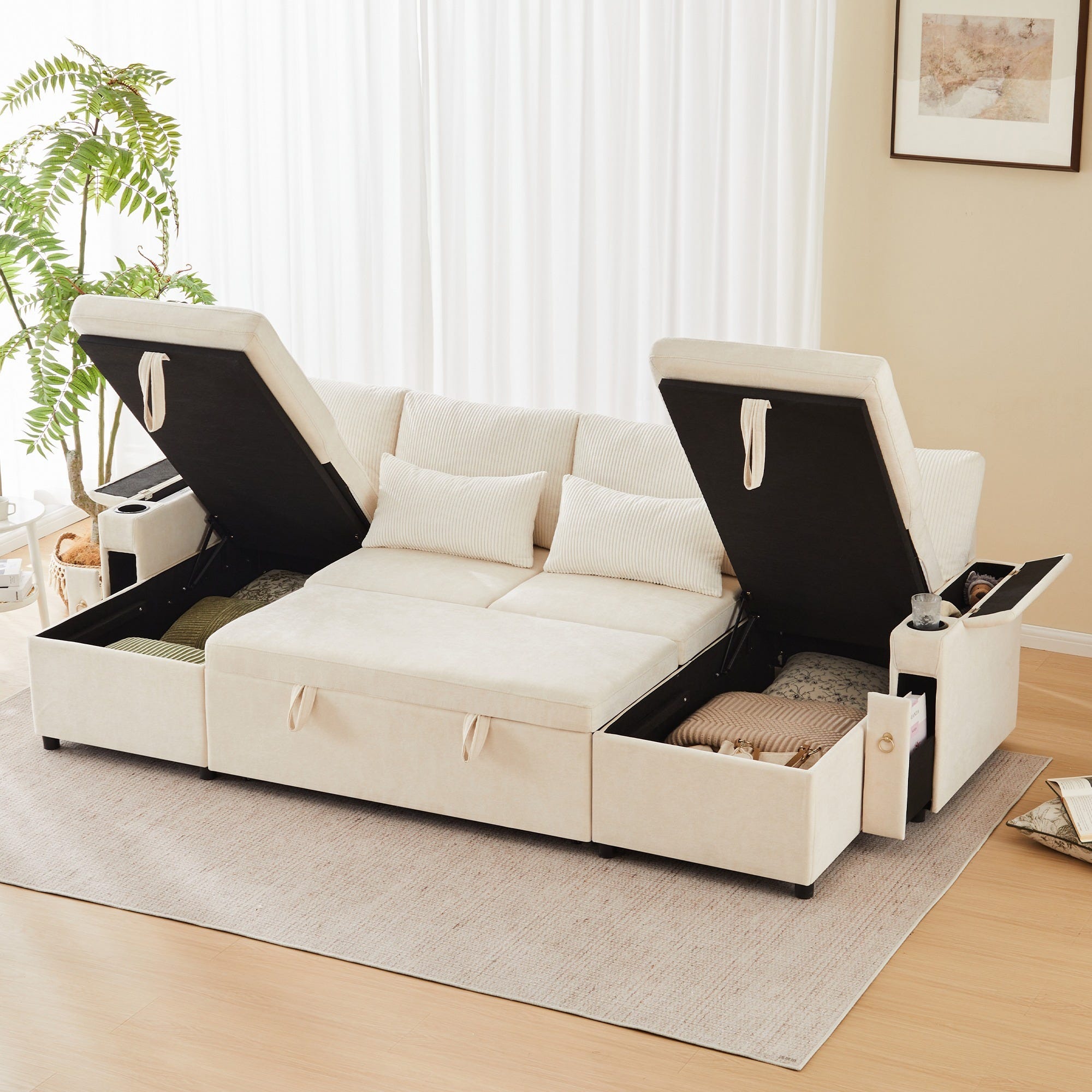 Canapé d'angle convertible 4 places,Canapé avec fonction de lit, porte-gobelet et espace de rangement,coton et lin,Beige,270x130x86 - Maison Canapé d'angle convertible 4 places,Canapé avec fonction de lit, porte-gobelet et espace de rangement,coton et lin,Beige,270x130x86 - Maison