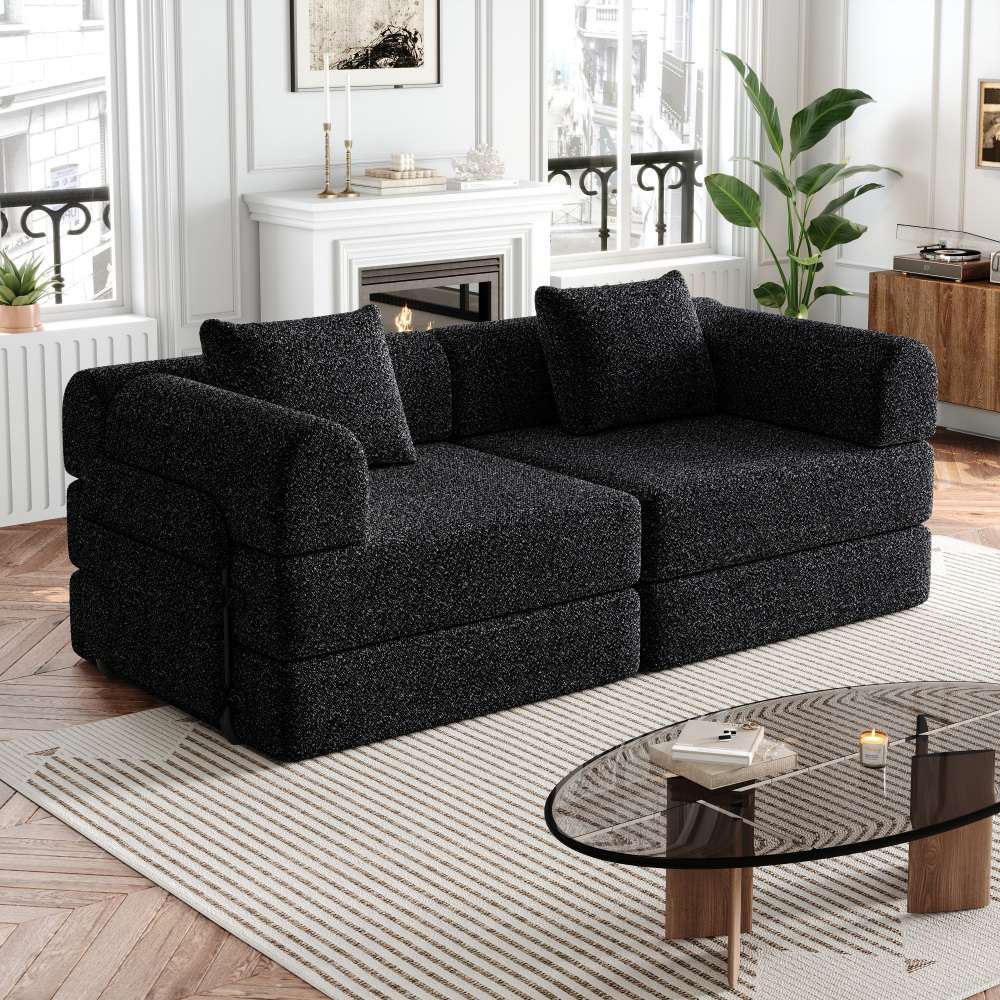 Sofa rozkładana 2 w 1 z podłokietnikami, metalową ramą i wieloma możliwościami konfiguracji