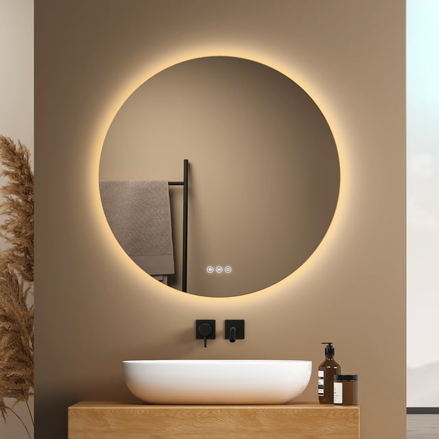 EMKE Miroir lumineux salle de bain rond diamètre 70cm, Miroir LED rétro-éclairage avec Interrupteur Tactile, Anti-buée, Froide/Neutre/Chaude