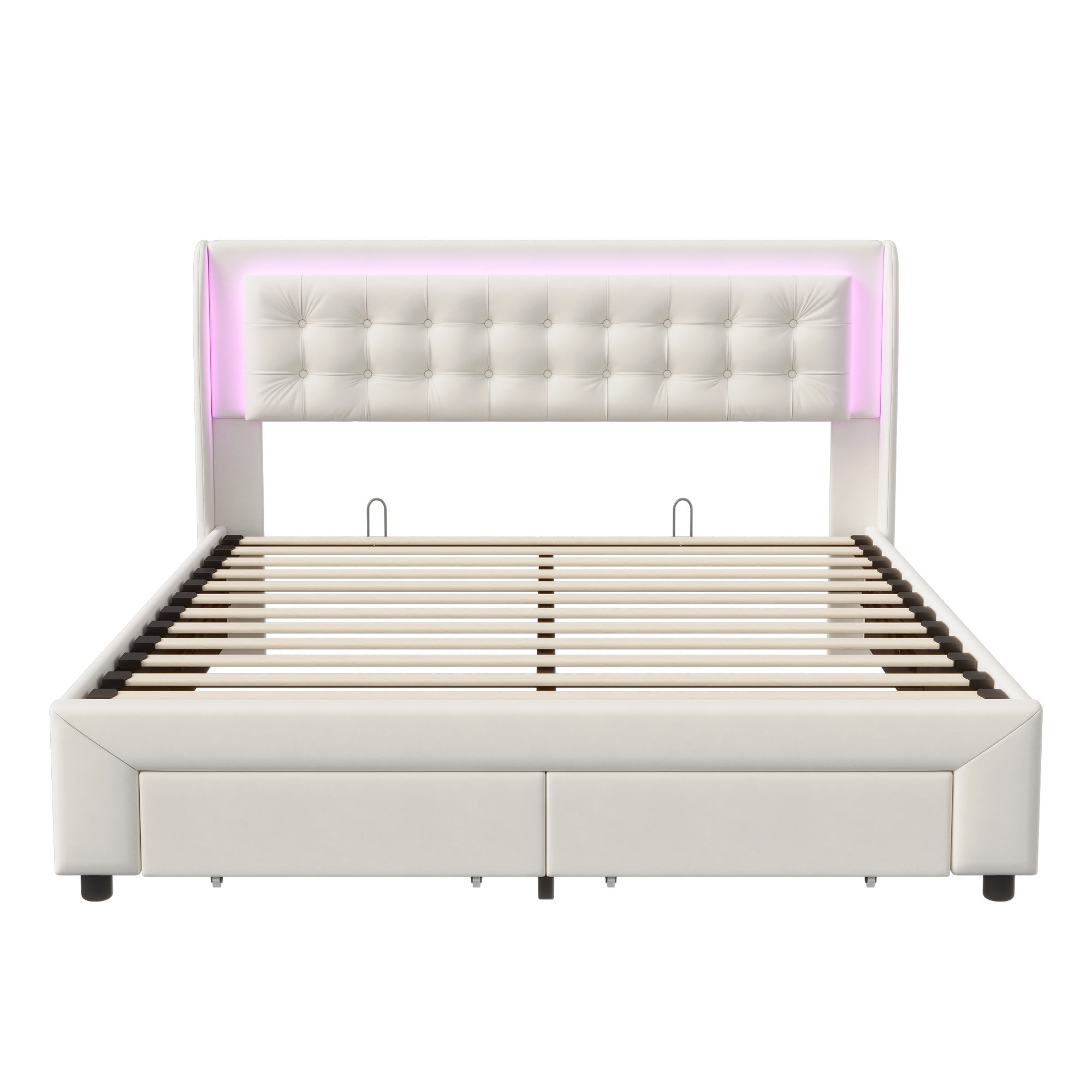 Lit coffre 160x200cm avec 2 tiroirs - lit double avec sommier à lattes et tête de lit LED - moderne et classique - velours beige - 5
