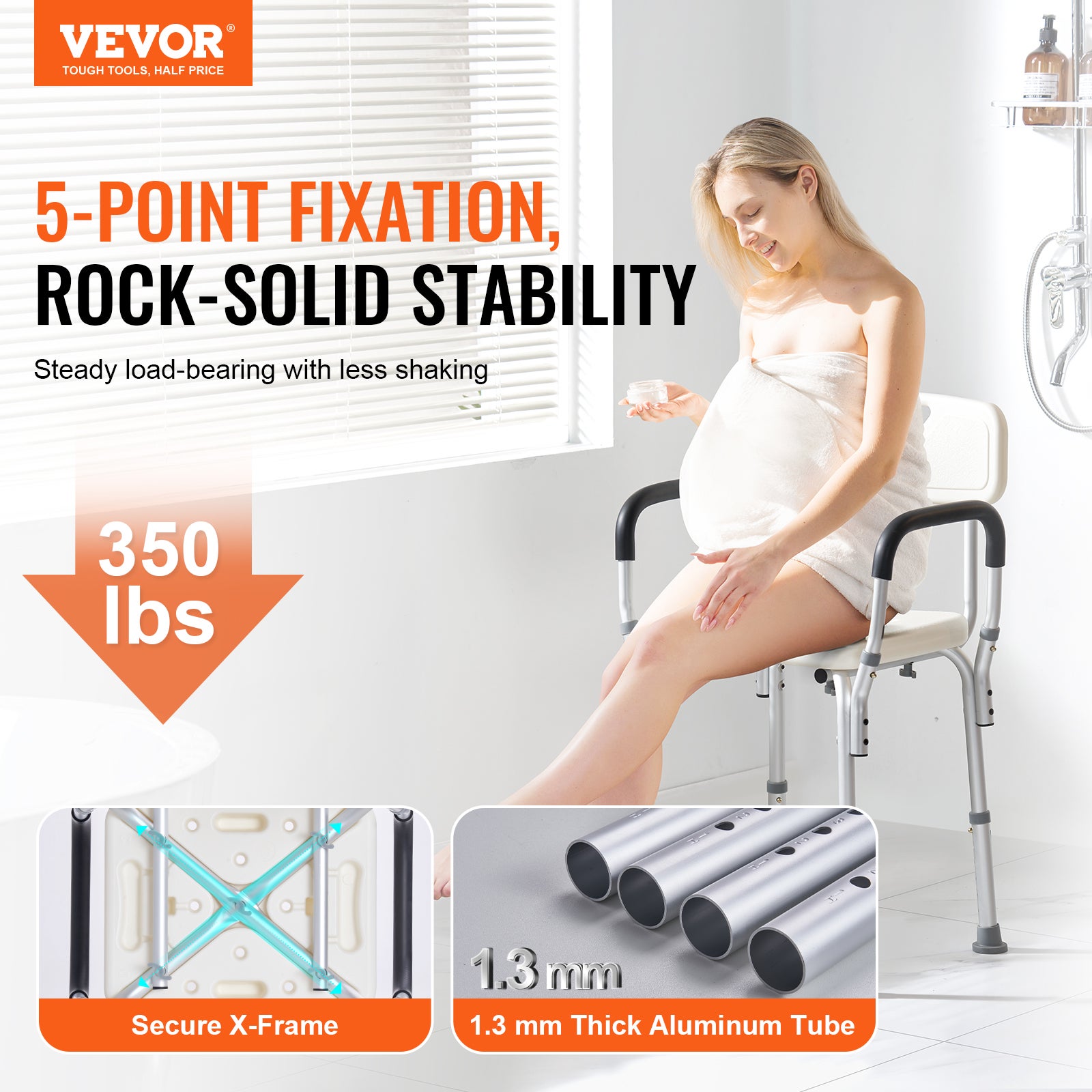 Siège Douche Antidérapant Hauteur Réglable VEVOR 39-52 cm Chaise de Douche 158,8 kg Fauteuil de Bain avec Accoudoirs Dossier Aide la Douche Personnes - 2