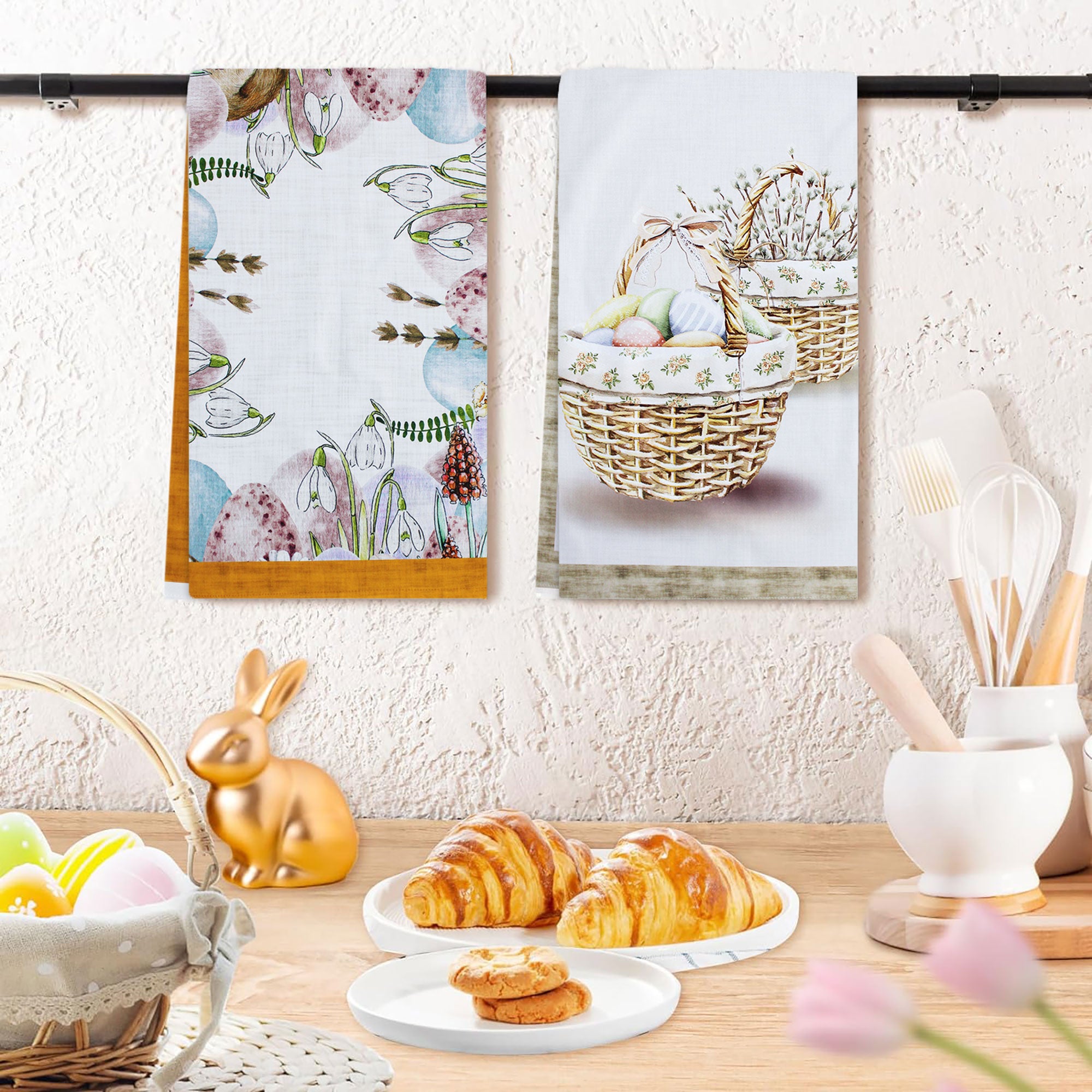Set 6 Strofinacci Pasquali In Cotone - Con Conigli E Fiori - 50x70cm - Foto 2