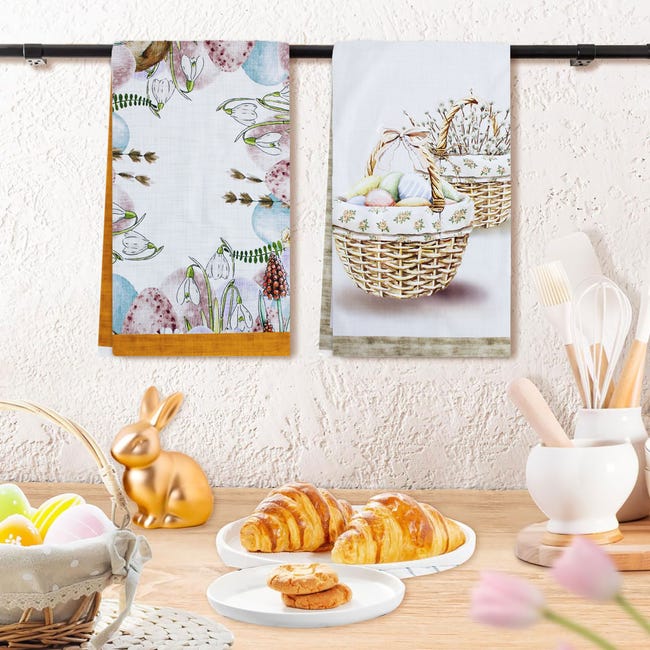 Set 6 Strofinacci Pasquali In Cotone - Con Conigli E Fiori - 50x70cm - Foto 2