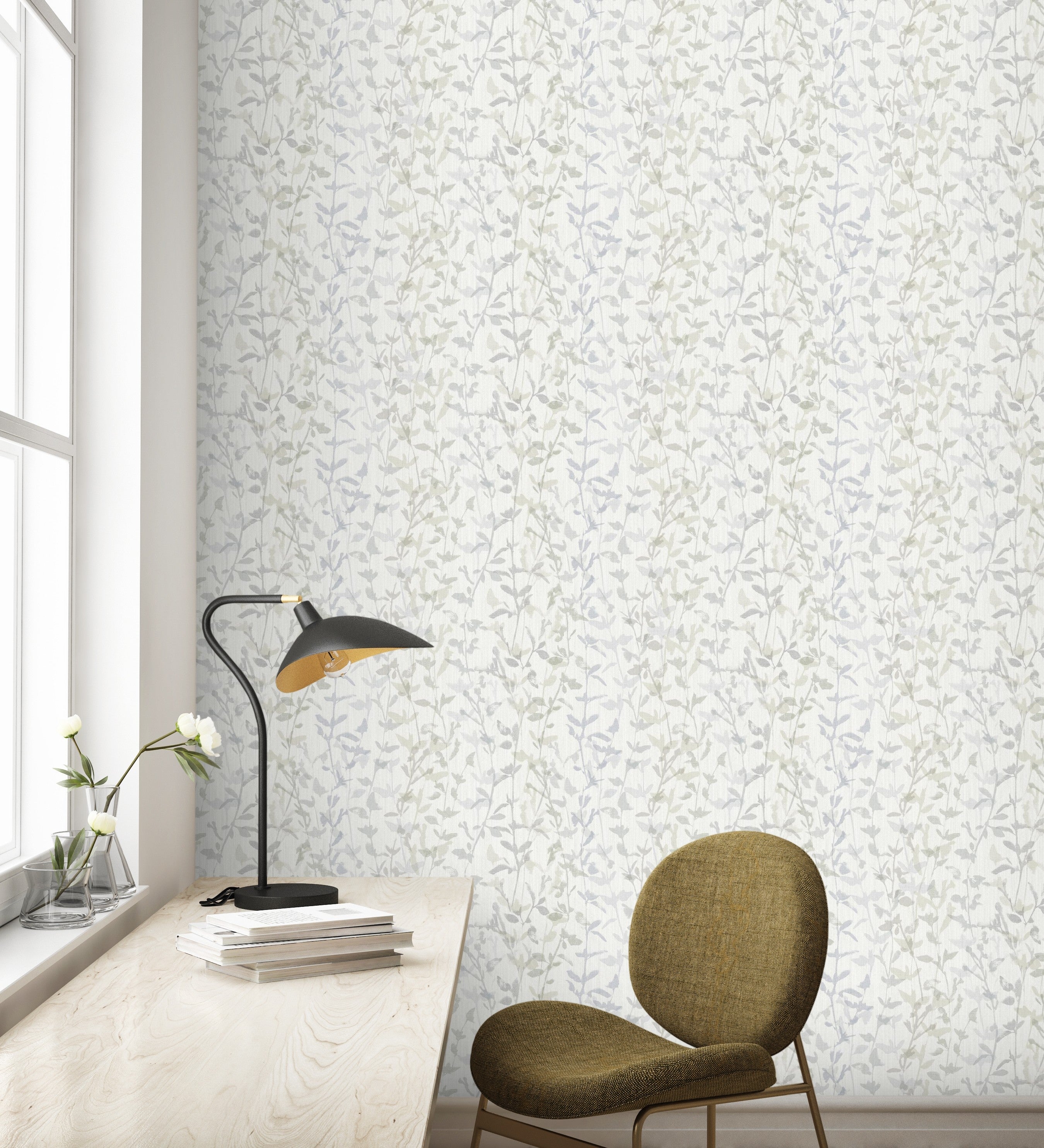 Papel pintado vinílico ecológico de ramas y hojas con textura - elva forest 680855 de gaulan - rollo de 10 m x 0,53 m