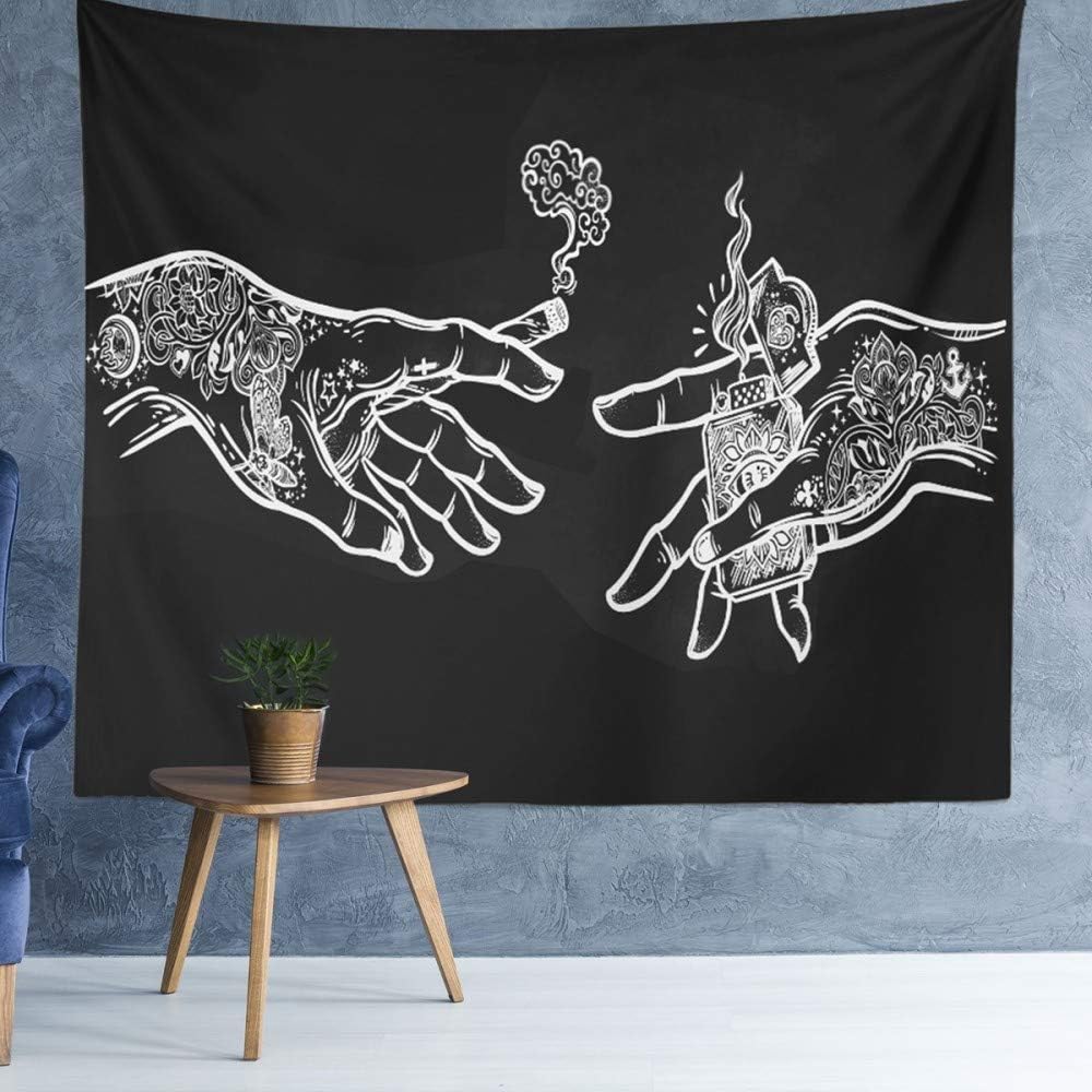 Czarno-biały gobelin ścienny z kwiatowym odciskiem dłoni, 200 x 150 cm, wesoły, psychodeliczny, hipisowski, boho, nowatorski, tkanina z nadrukiem, ar - 3