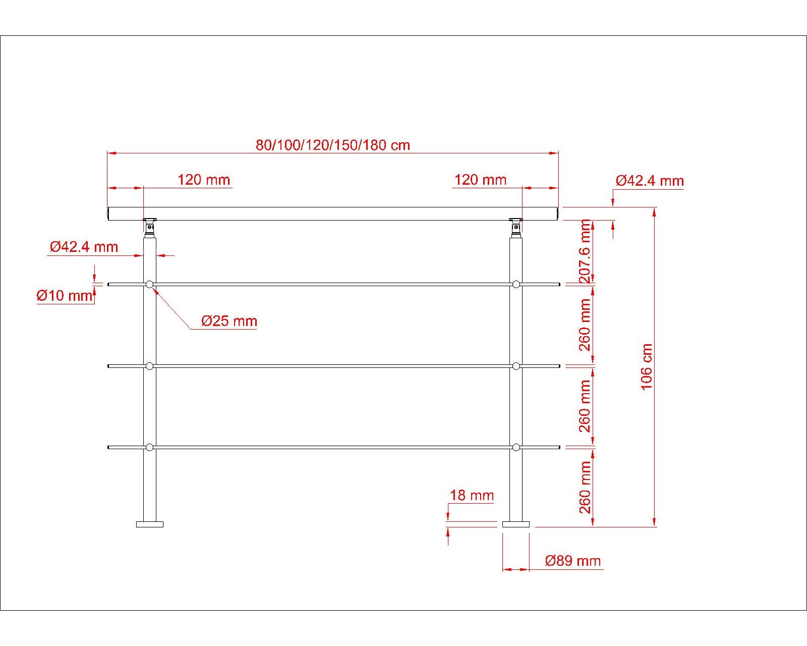 Garde-corps 120cm avec main courante, en acier inoxydable 201, pour intérieur et extérieur, garde-corps avec 3 traverses - 6