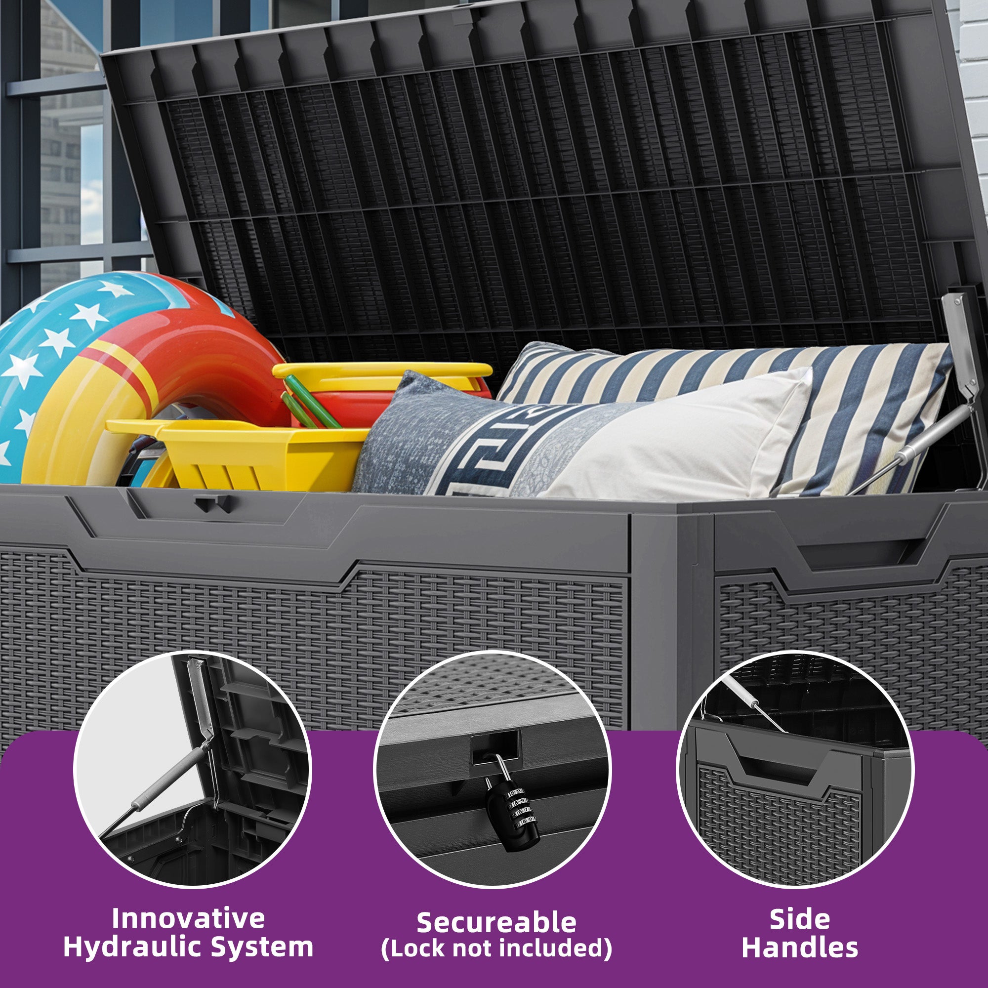 Coffre de jardin BALCONERA - 380 L - Coffre de rangement extérieur en plastique avec poignées et couvercle - Noir - 6