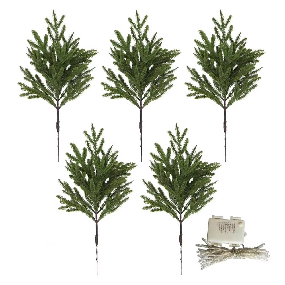 5 ramas de pino de Norfolk iluminadas con luz cálida, tallos de pino de Norfolk reales y realistas, ideales para jarrones. - 4