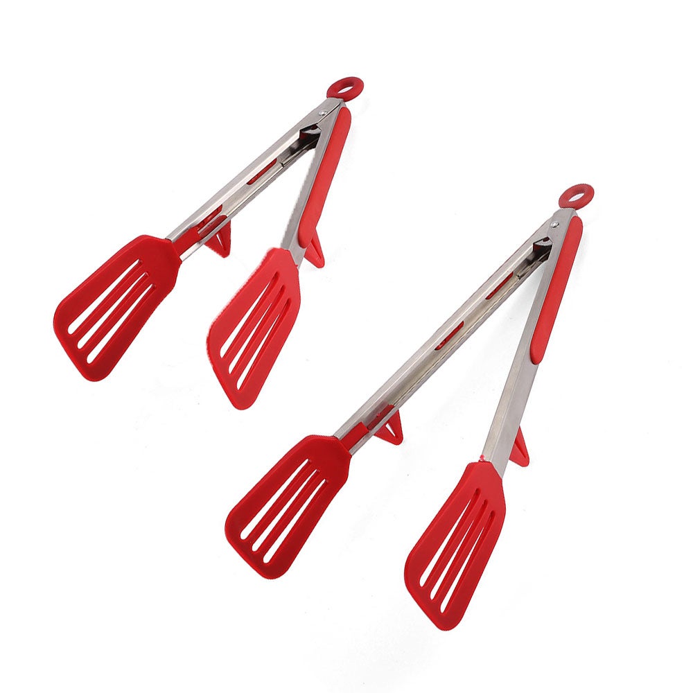 Szczypce kuchenne z silikonowymi główkami, szpatułki silikonowe ze stali nierdzewnej do grillowania (9" + 12" czerwone)