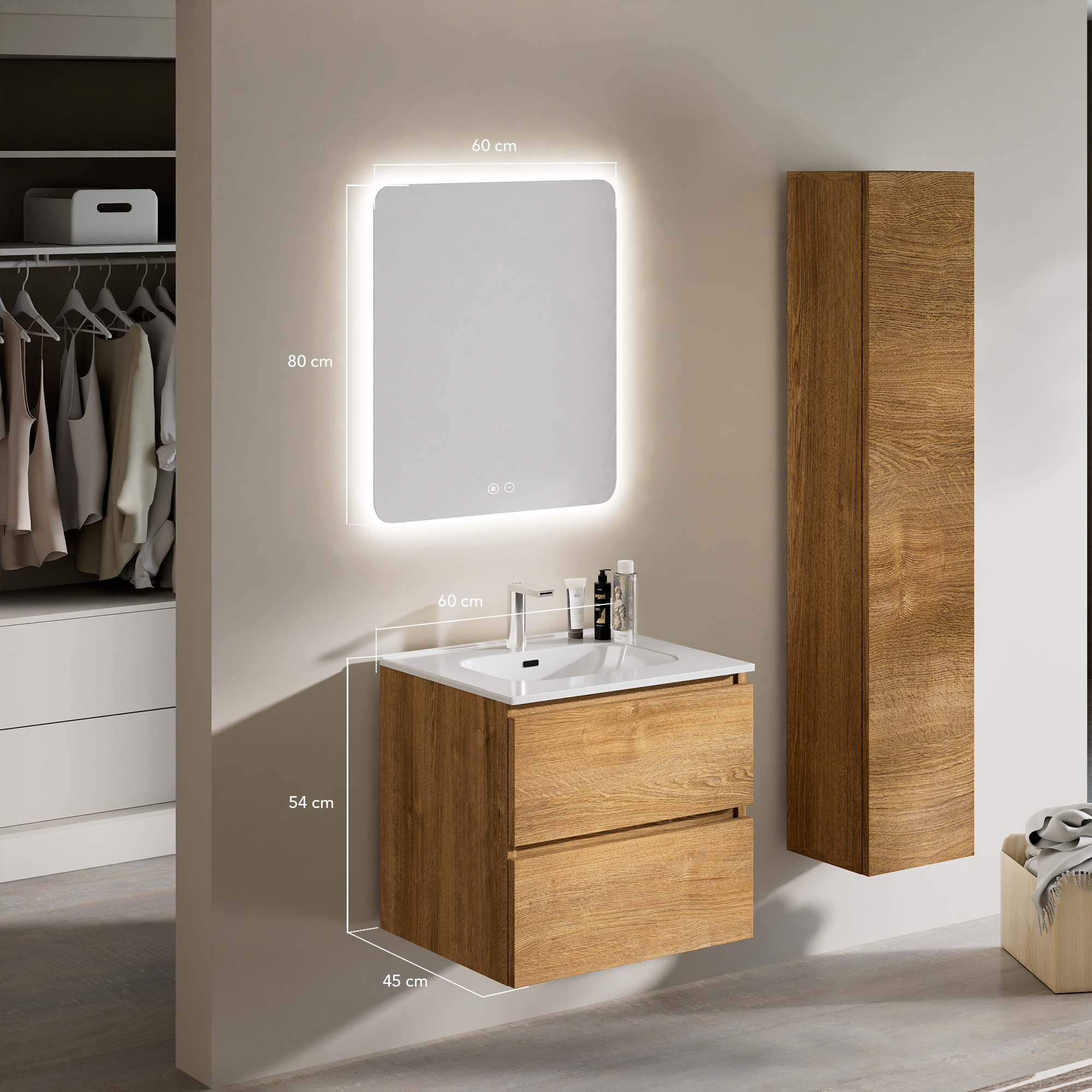 Feel Your Bath, Meuble De Salle De Bain PANTER Marron 60 cm, 2 Tiroirs, Vasque Céramique Intégrée Et Miroir Carré LED Antibuée - 3