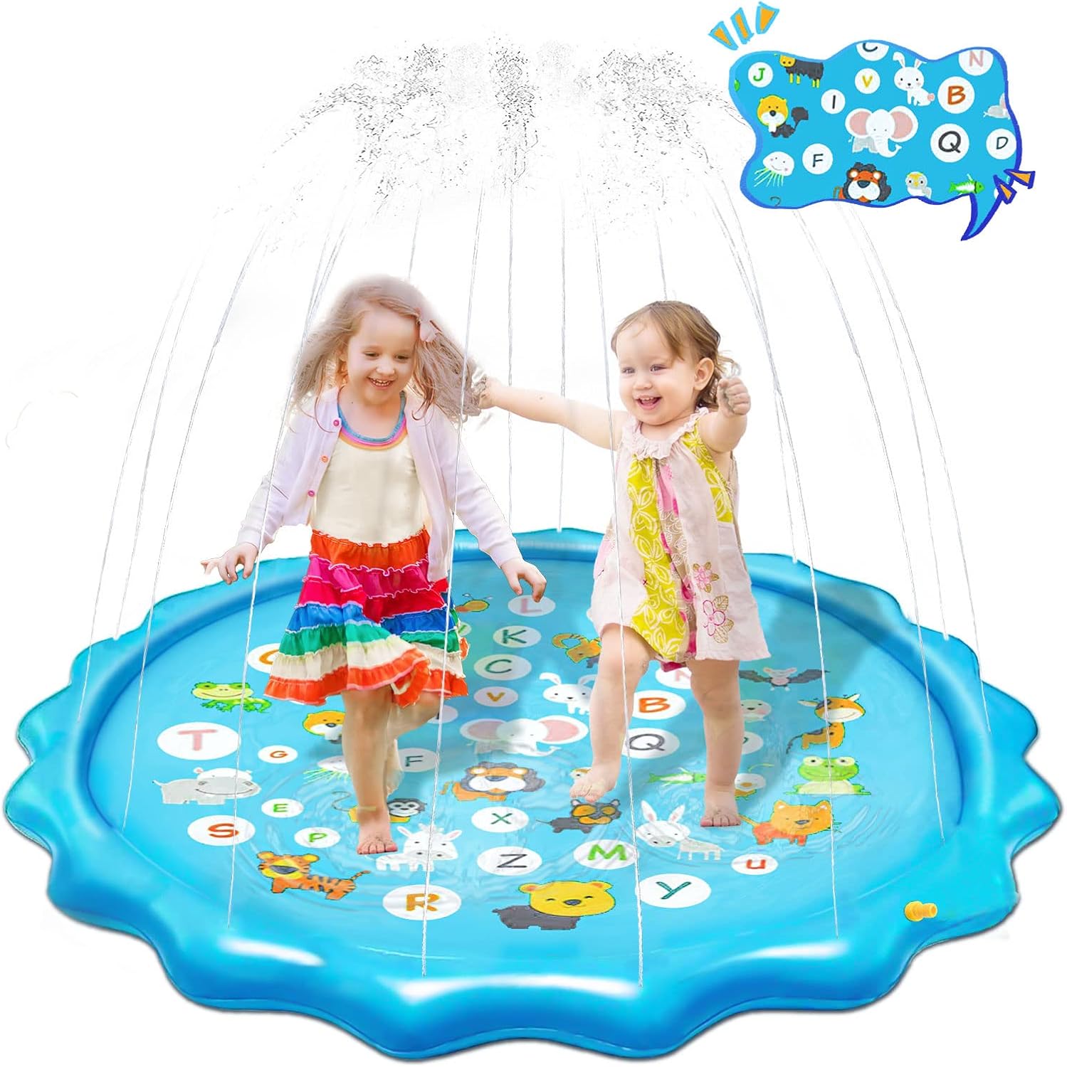 Tapis de jeu d'eau Splash Pad 67 - Motifs alphabet et animaux - Jeu d'été extérieur pour enfants à partir de 3 ans - Jeux - Jouets
