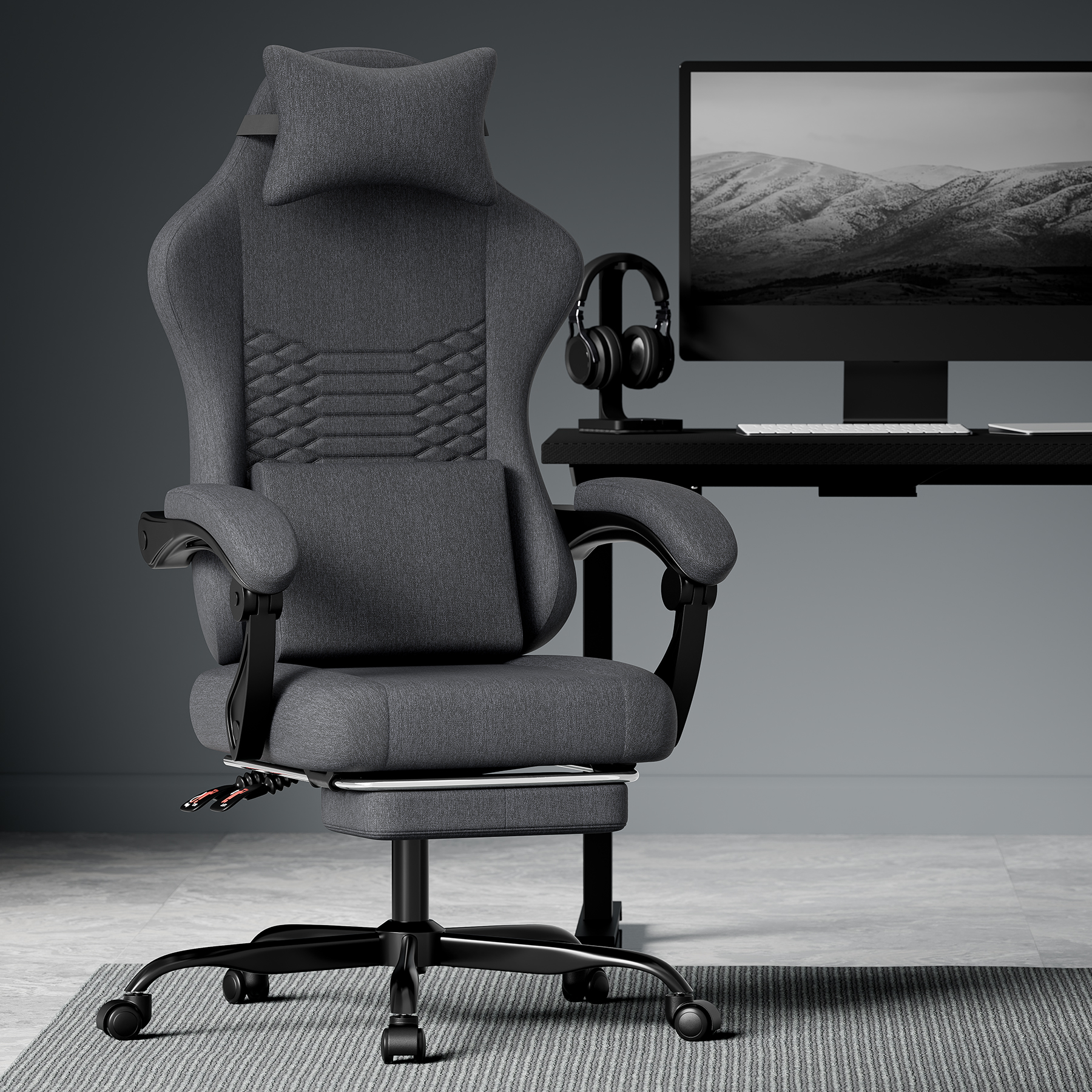 WOLTU Chaise Gaming,Fauteuil Gaming,avec Coussin Lombaire Massant Chaise Ergonomique Avec Appui Tete Repose Pieds Tissu Technique Noir 92461074