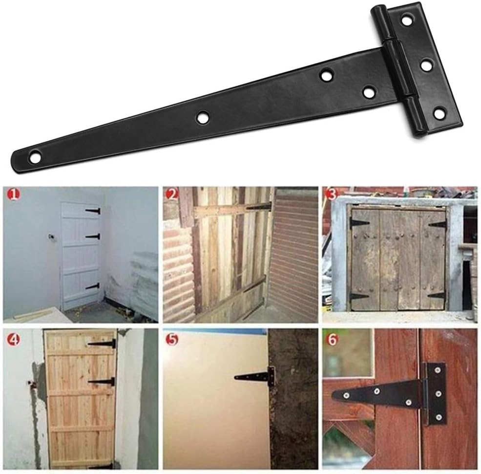 Kit 4 Bisagras En T + 2 Pestillos Para Puerta De Granero - Acero Inoxidable Negro, 10 Cm, Para Portón Jardín Exterior