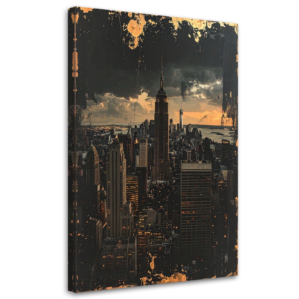 Obraz do salonu biura, Nowy Jork Skyline miasto w stylu retro czarno złoty 40x60
