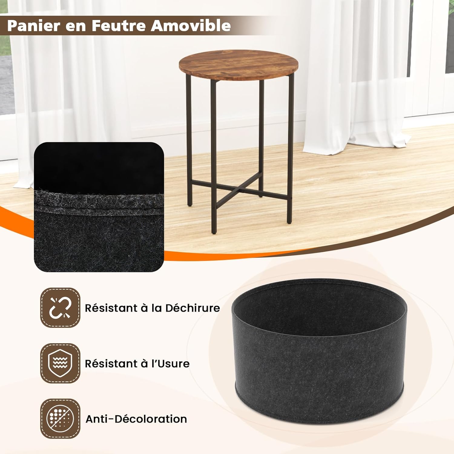 Tavolino Rotondo per Piccoli Spazi, Tavolino a 2 Ripiani con Cestino in Tessuto Rimovibile e Struttura in Metallo, Tavolino da Salotto, Camera - 5