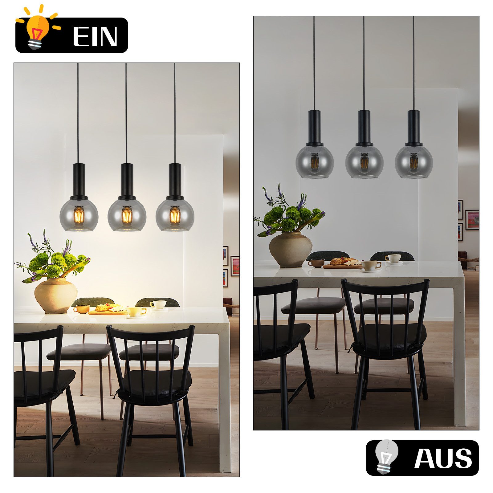 NETTLIFE Vintage 3-płomienna lampa wisząca szkło E27 lampa do jadalni regulowana wysokość industrialna - 6