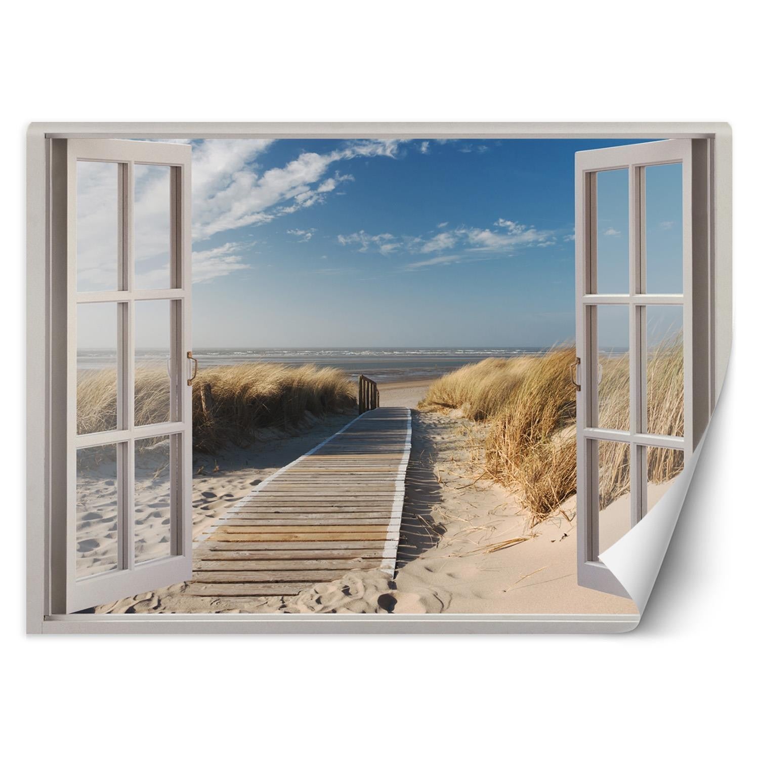 Fototapeta, Widok z okna plaża wydmy pomost 140x100