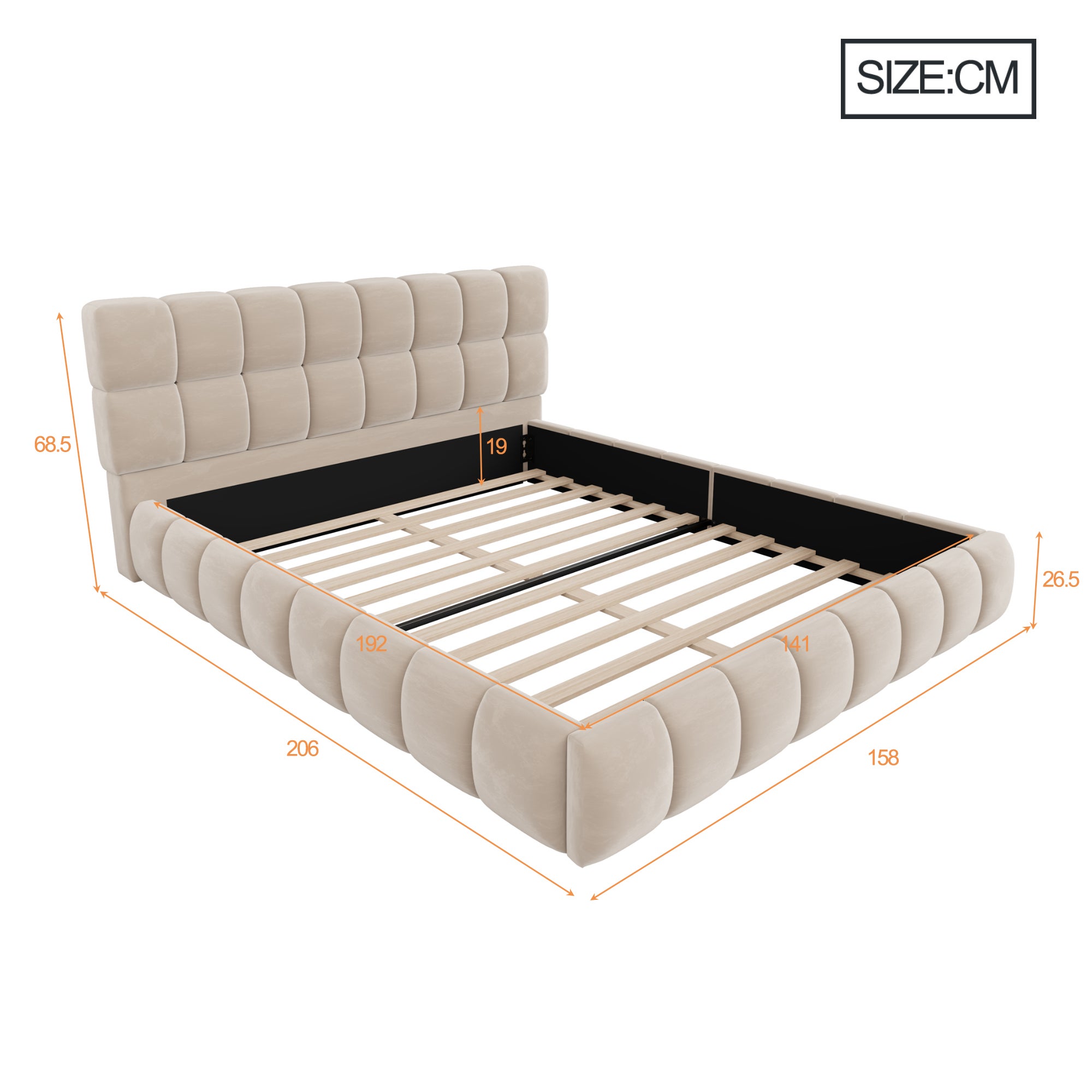 Lit double rembourré 140x190 cm, tête de lit rembourrée, cadre matelassé , pour jeunes et adultes, velours, beige - 5