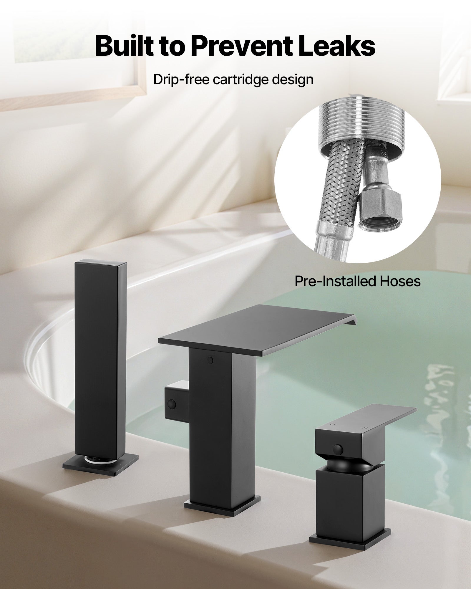 Mitigeur Baignoire Romaine VEVOR, 3 Trous, Cascade, avec Pommeau Douche et Une Poignée, Options de Double Débit d'Eau, pour Salle de Bains, Noir Mat - 5