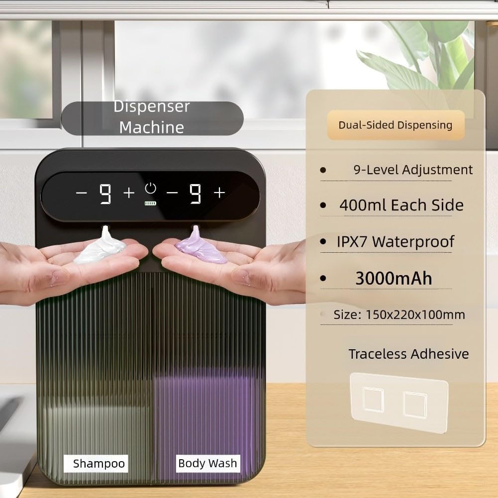 Distributeur de savon électrique intelligent à double tête, capteur automatique en mousse sans contact, 400 ml IPX7 étanche noir (double liquide) - 2