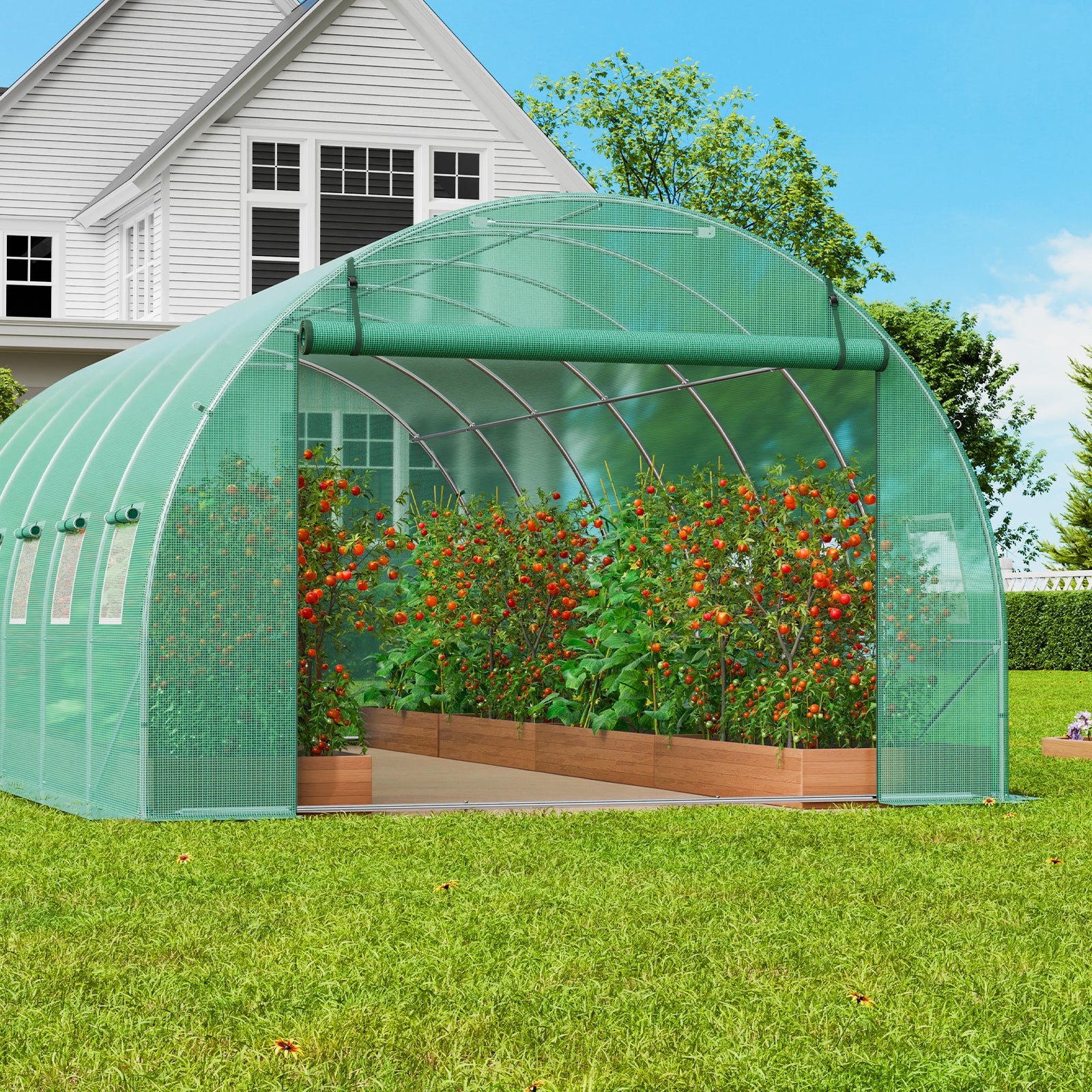 Serre tunnel jardin,VEVOR tente protection des plantes,cadre en acier galvanisé,couverture en PE vert,porte à glissière à enroulement,12 fenêtres - 8