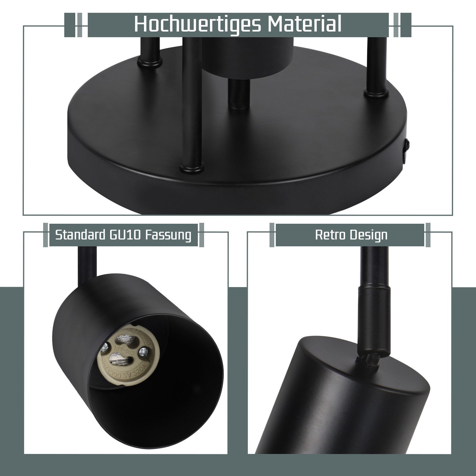 ZMH Spot de plafond 4 ampoules plafonnier noir orientable LED GU10 lampe de cuisine 350° - 3