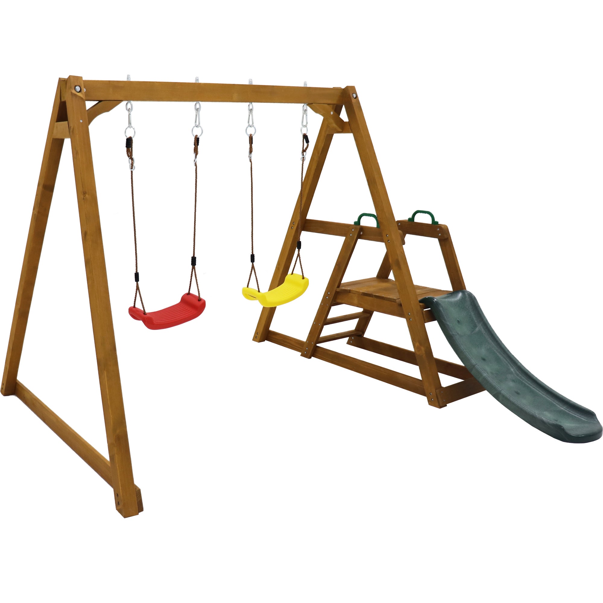 Balançoire double pour enfants avec toboggan + échelle | Structure en bois massif d'extérieur | 238x240x168 cm - 3